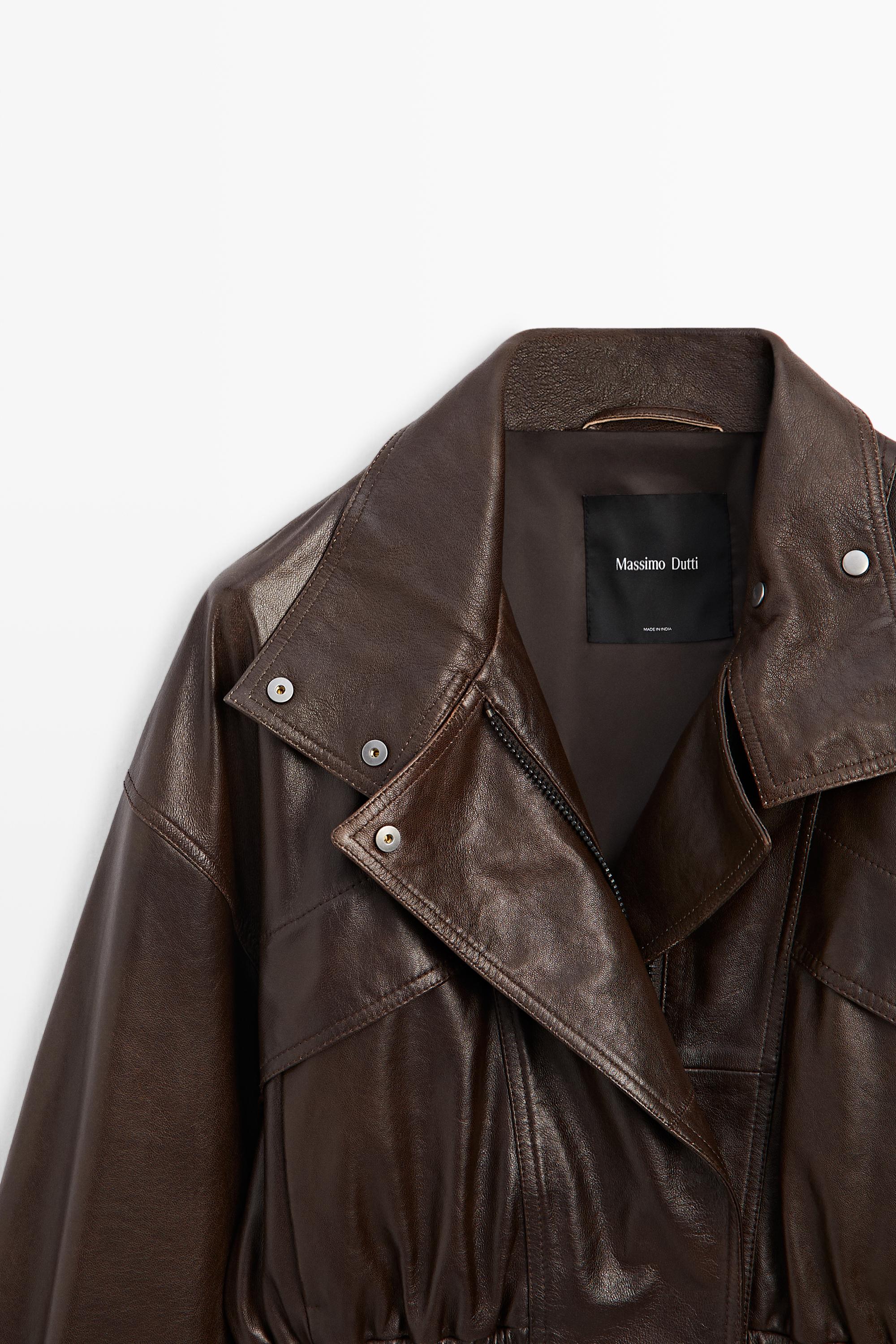 Cropped nappa leather bomber jacket — BROWN