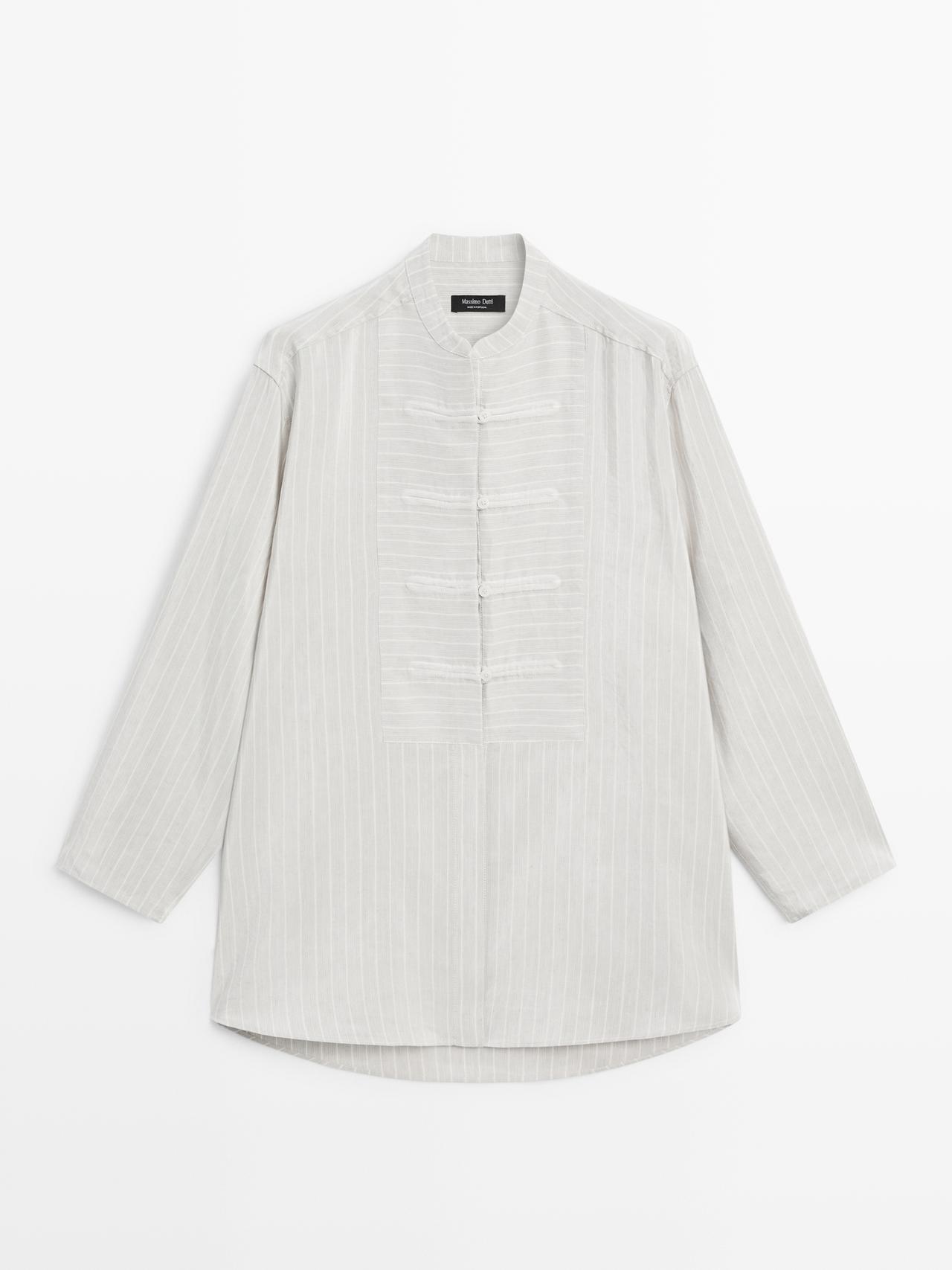 Massimo Dutti - Dame - Stribet, Oversize Bluse Med Kinakrave - Råhvid - M