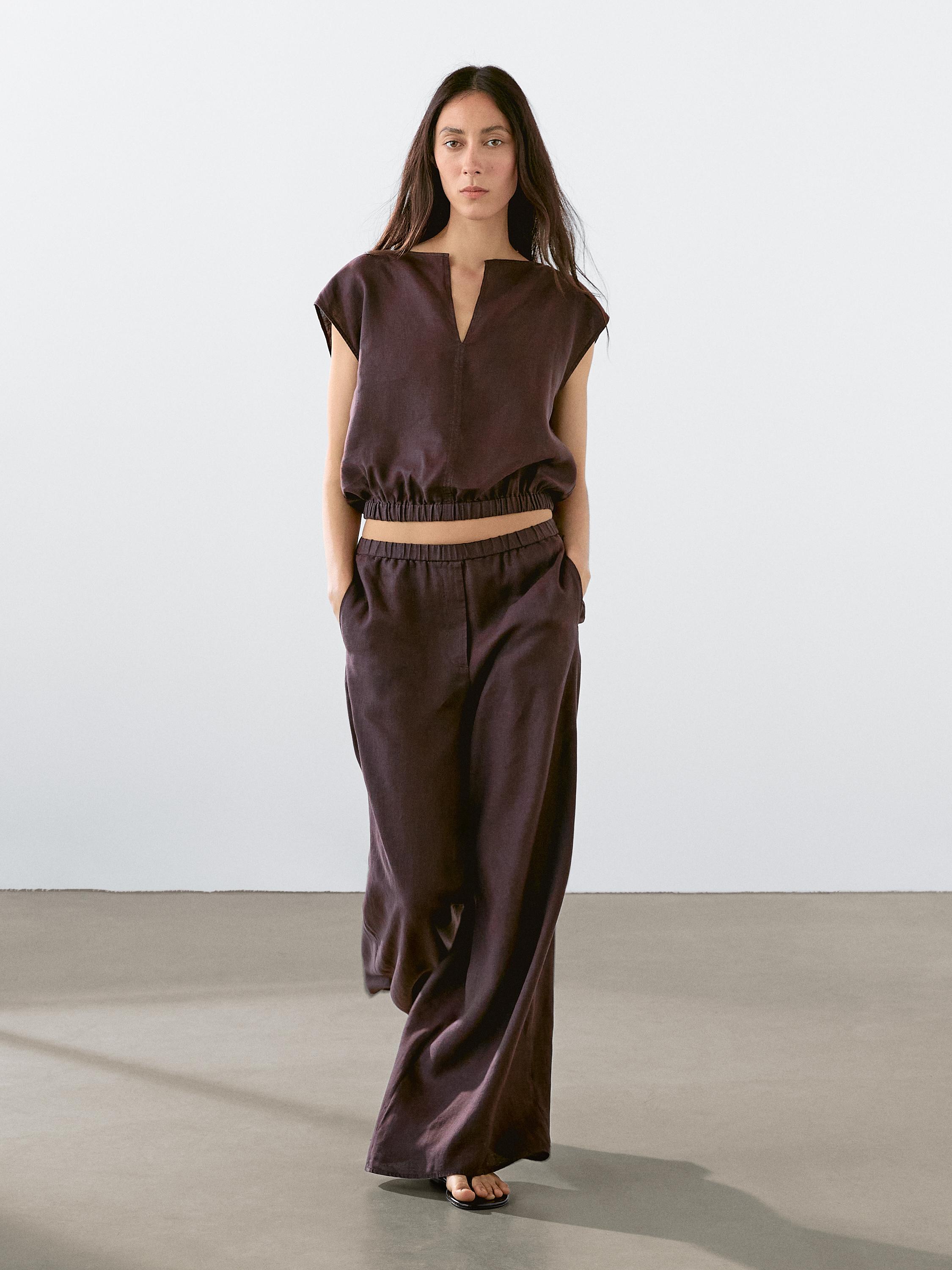 Straight-fit linen trousers with an elasticated waistband