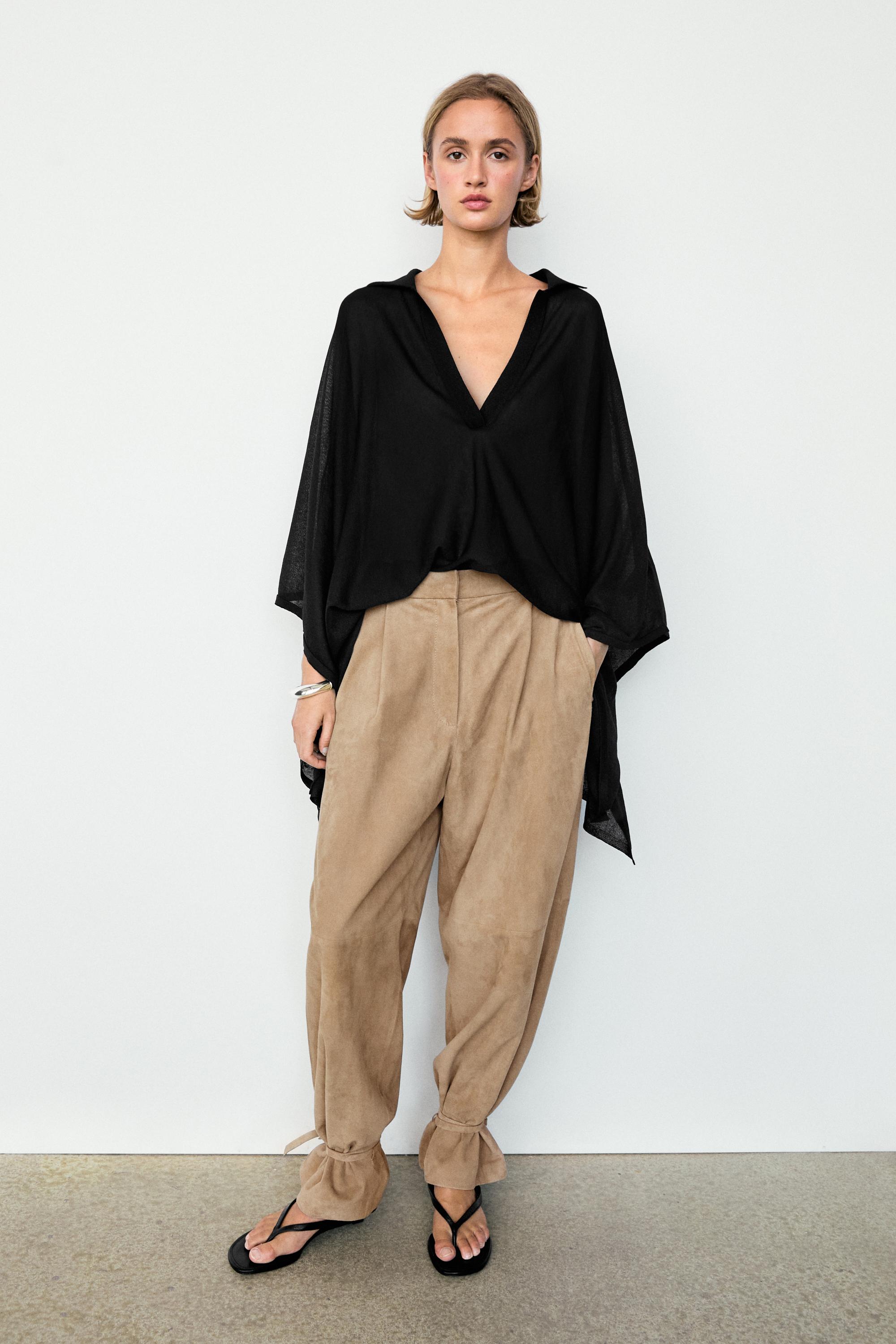 Metallic detail polo collar flowing cape — BLACK