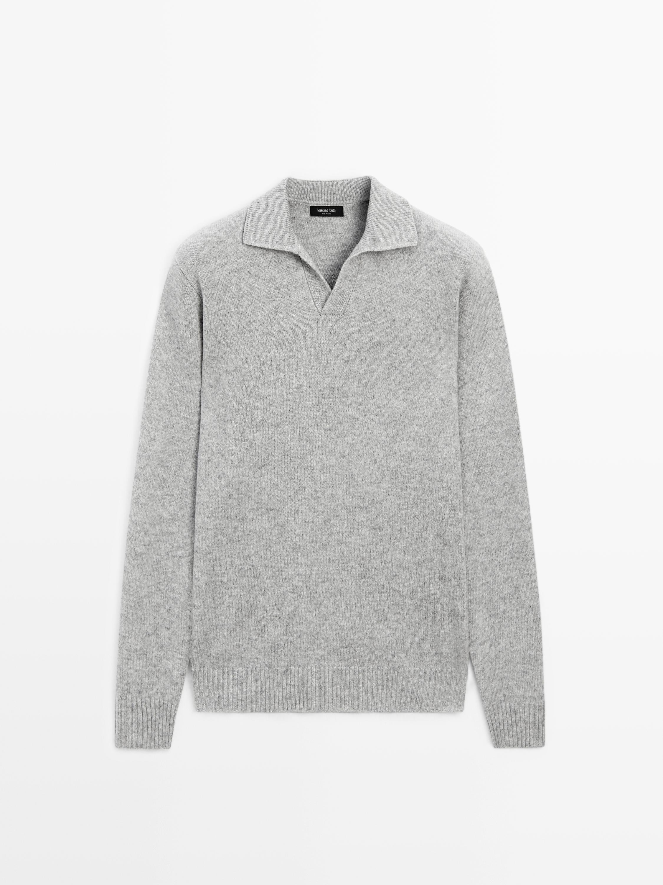 Wool blend V-neck polo sweater PALE GREY - Main Image