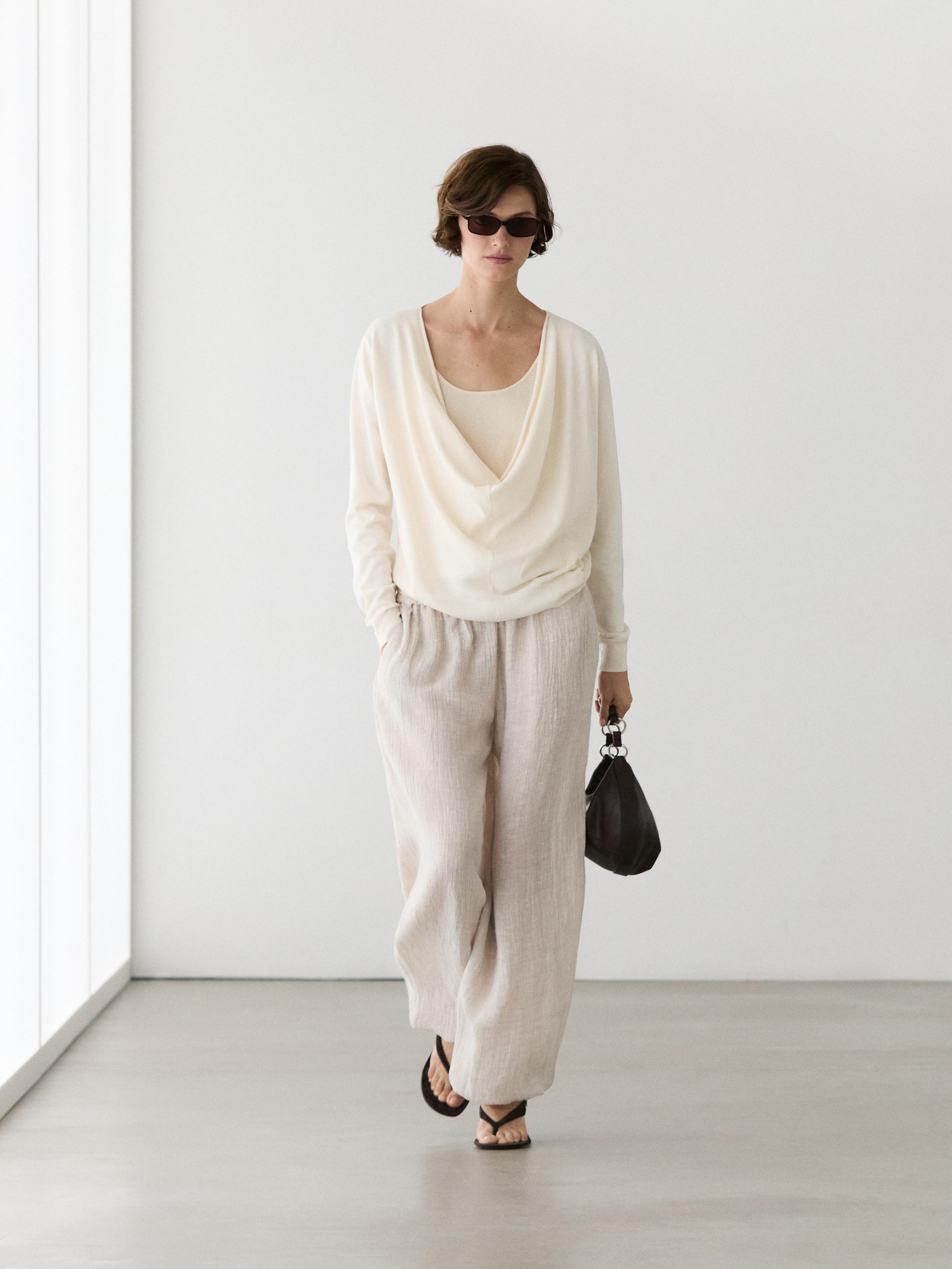Draped neckline cotton sweater — CREAM