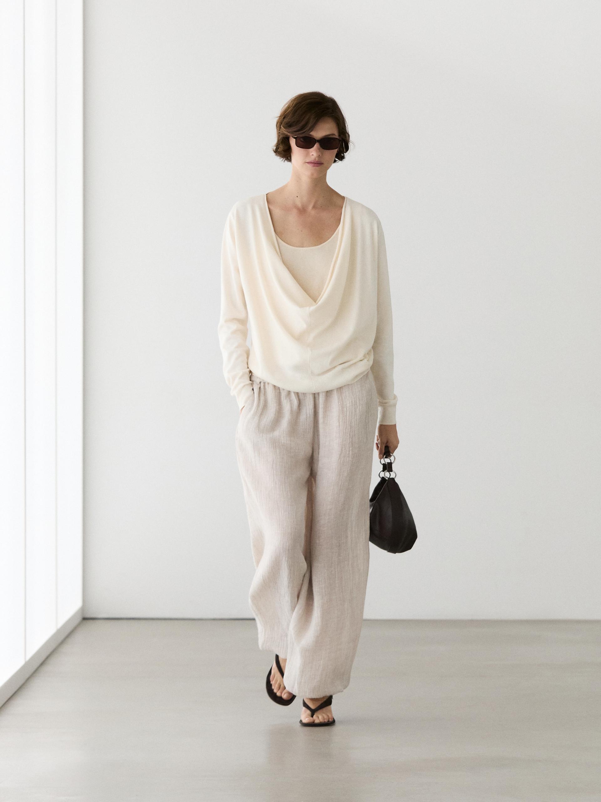 Jersey Punto Cuello Drapeado Con Algodón - Crudo - L - Massimo Dutti - Mujer