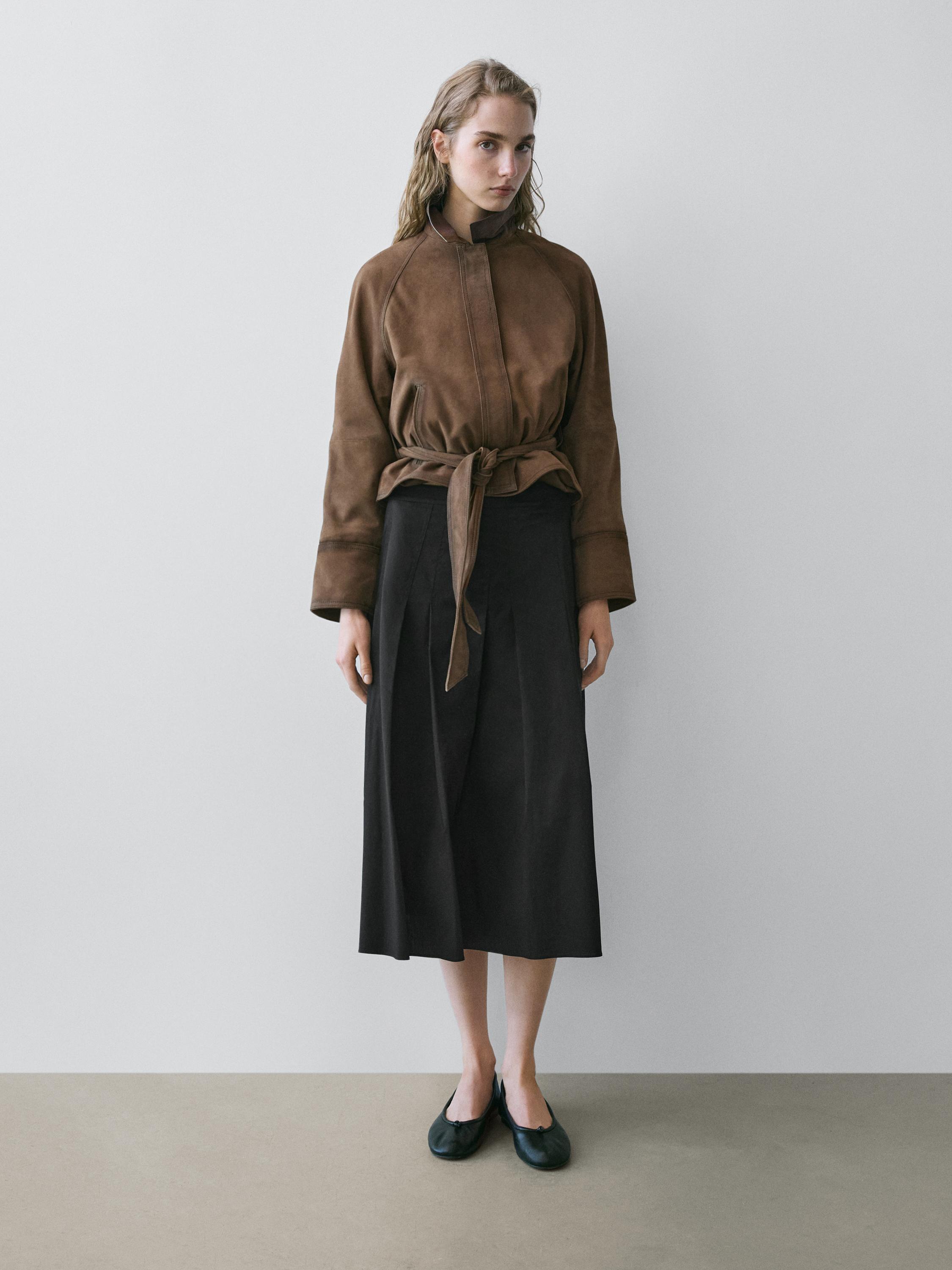 Cotton blend box pleat midi skirt — BLACK