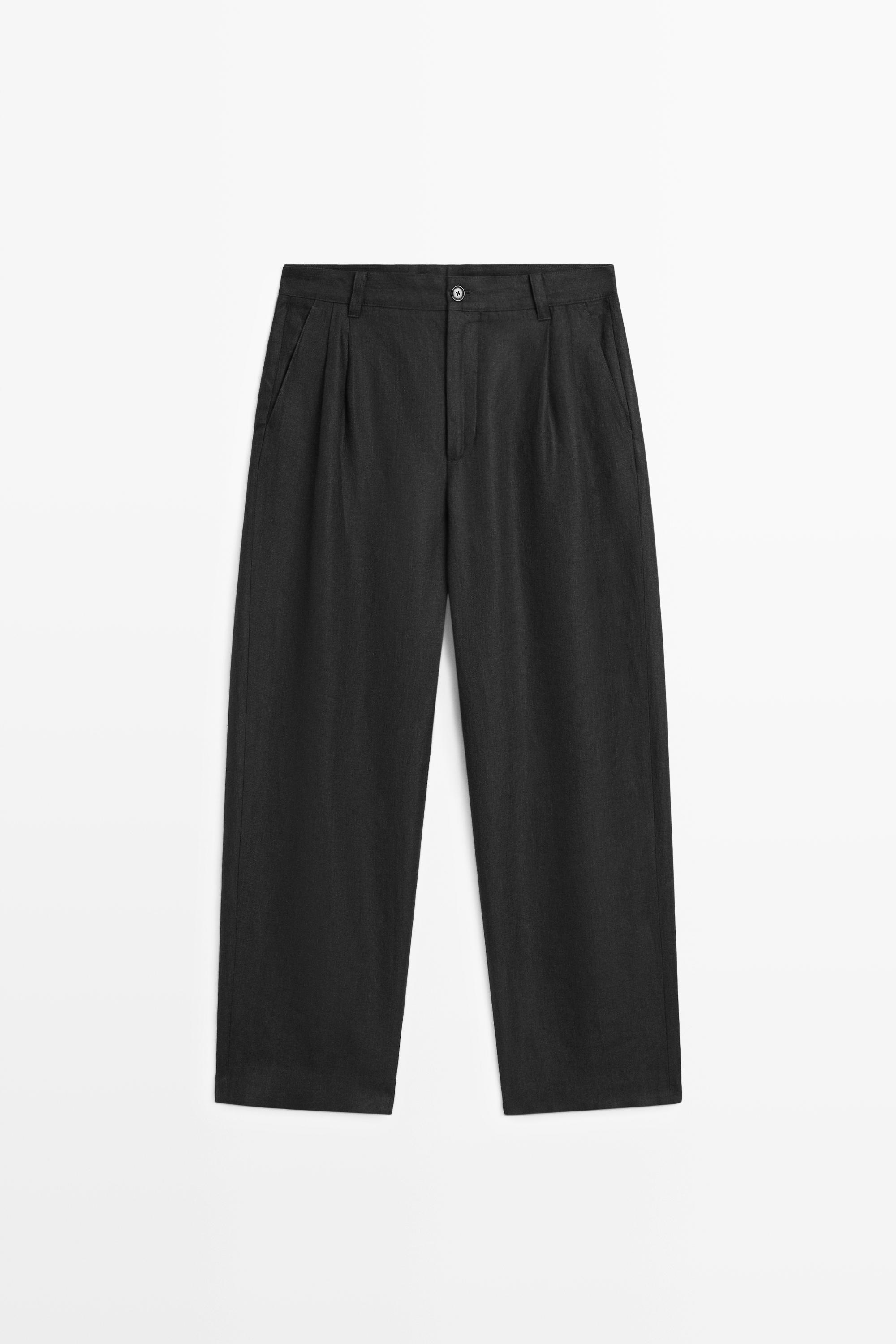 100% linen trousers with double darts — BLACK