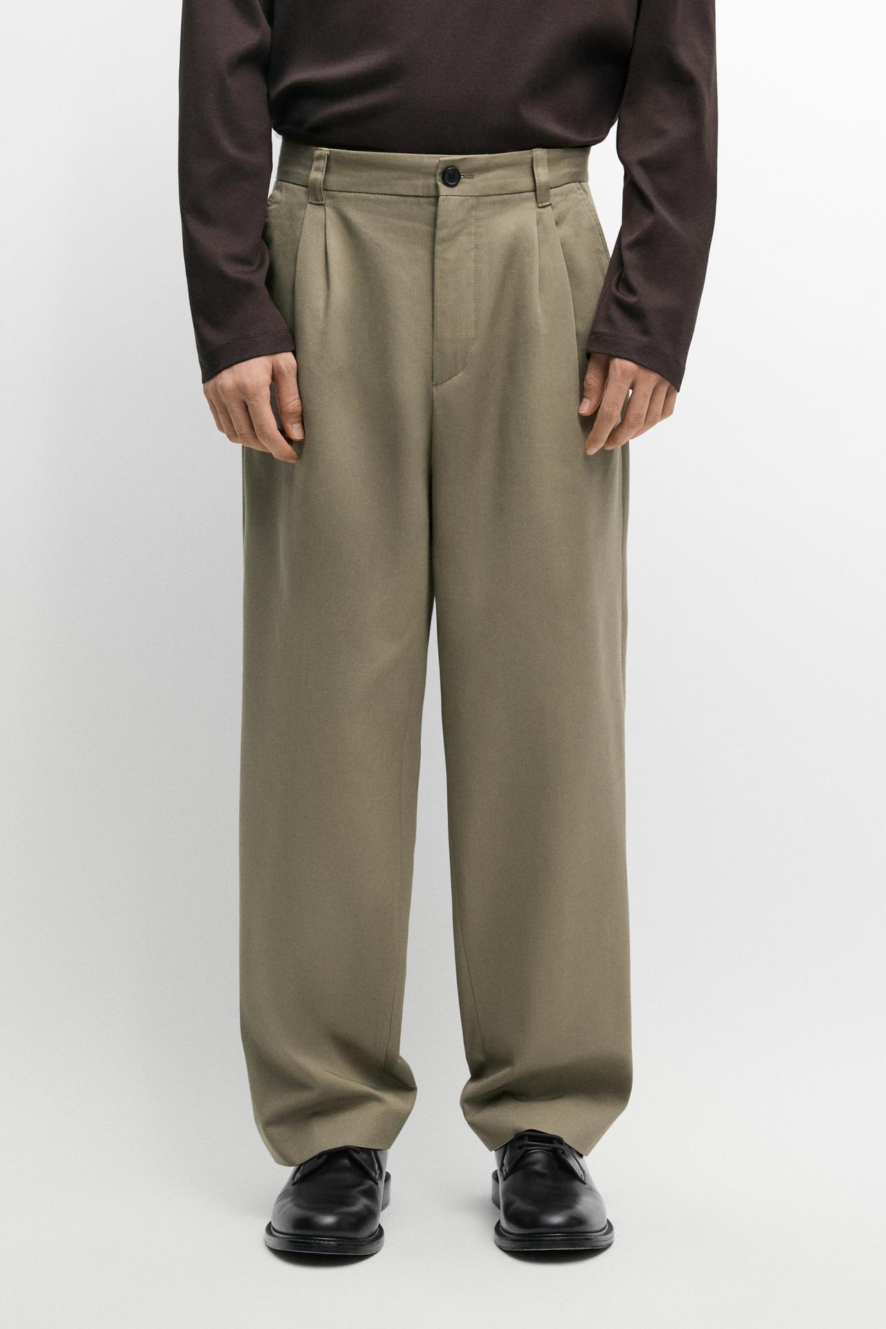 Pants with double pleats, 100% cotton — OLIVE