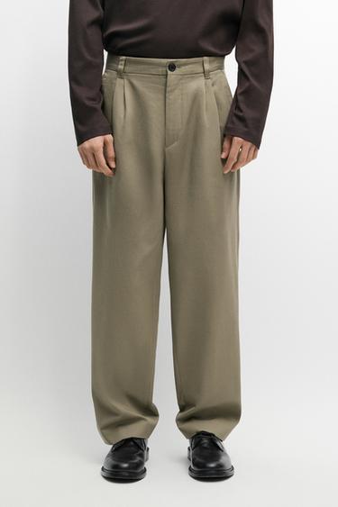 Pants with double pleats, 100% cotton — OLIVE 3