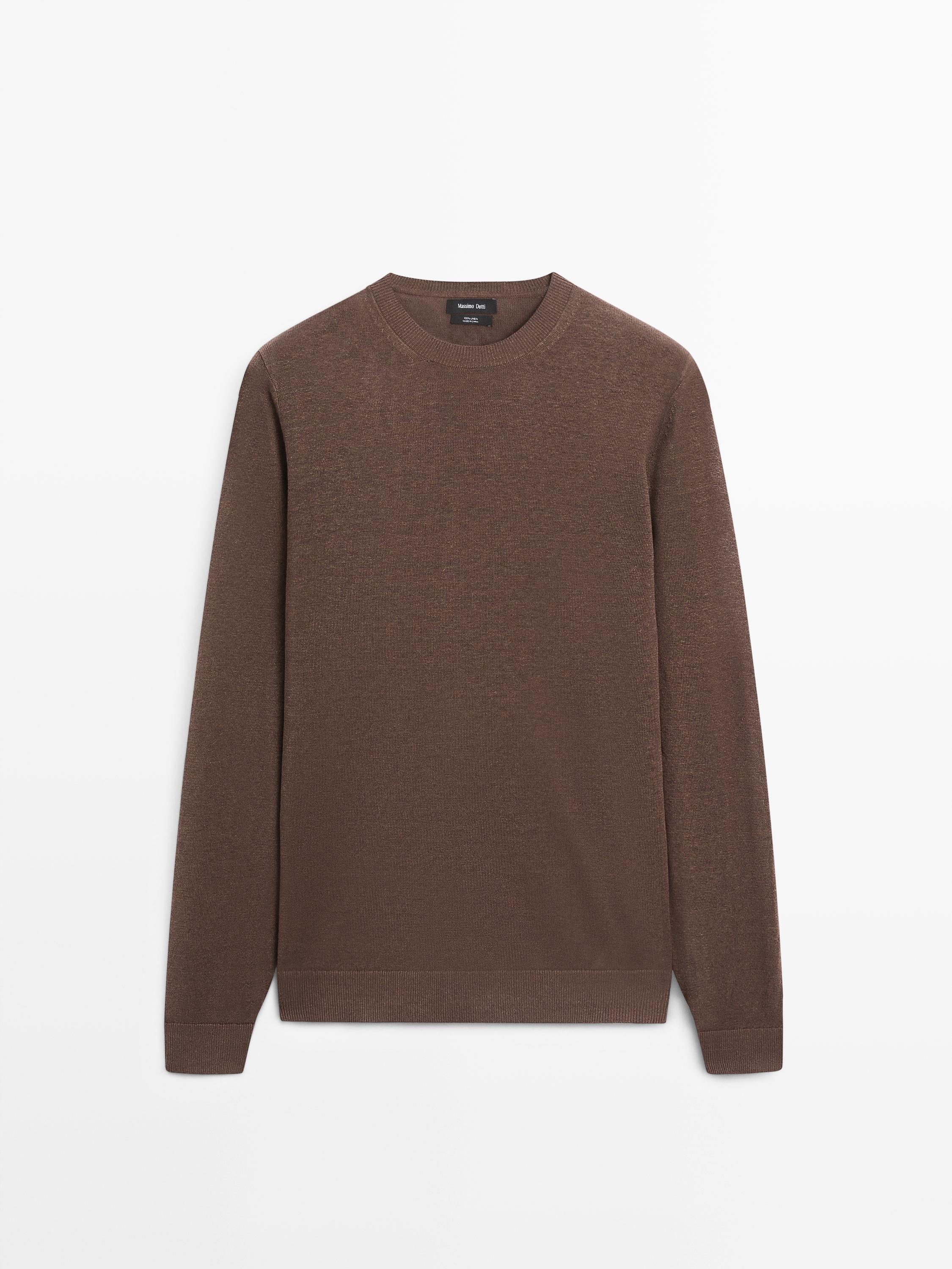 100% linen knit crew neck sweater — Reddish brown