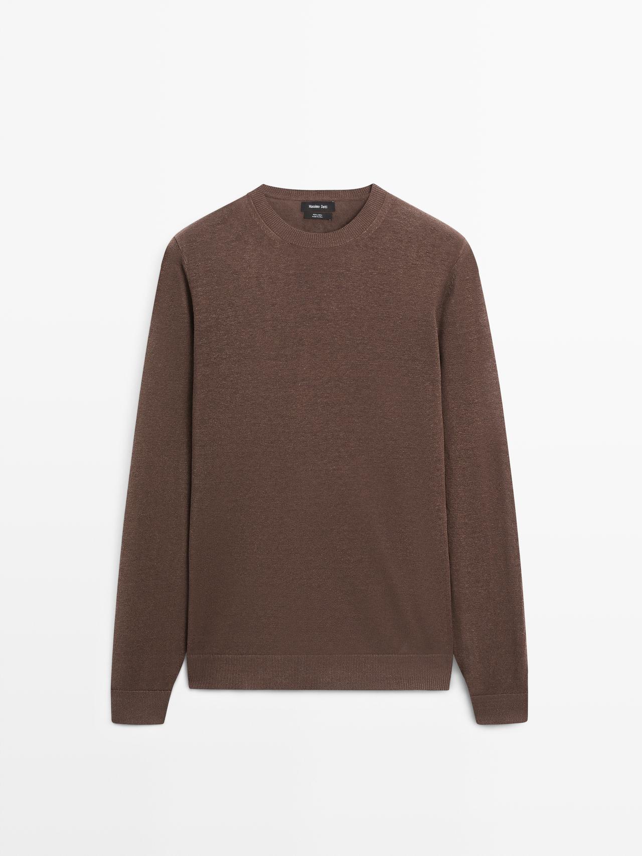 Massimo Dutti - Herre - Strikket Trøje I 100 % Hør Med Rund Hals - Rødbrun - L