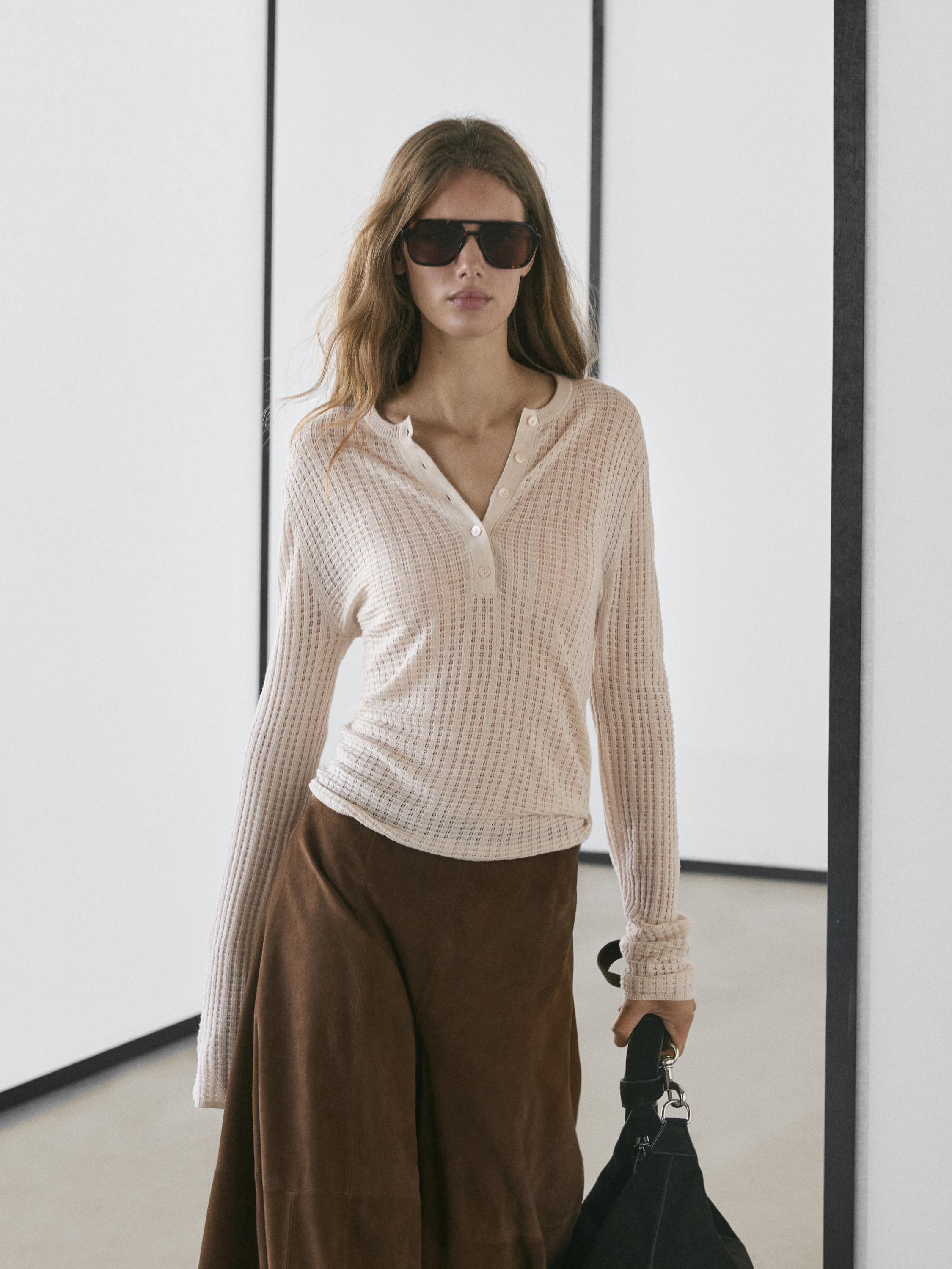 Cutwork wool blend henley sweater — CREAM