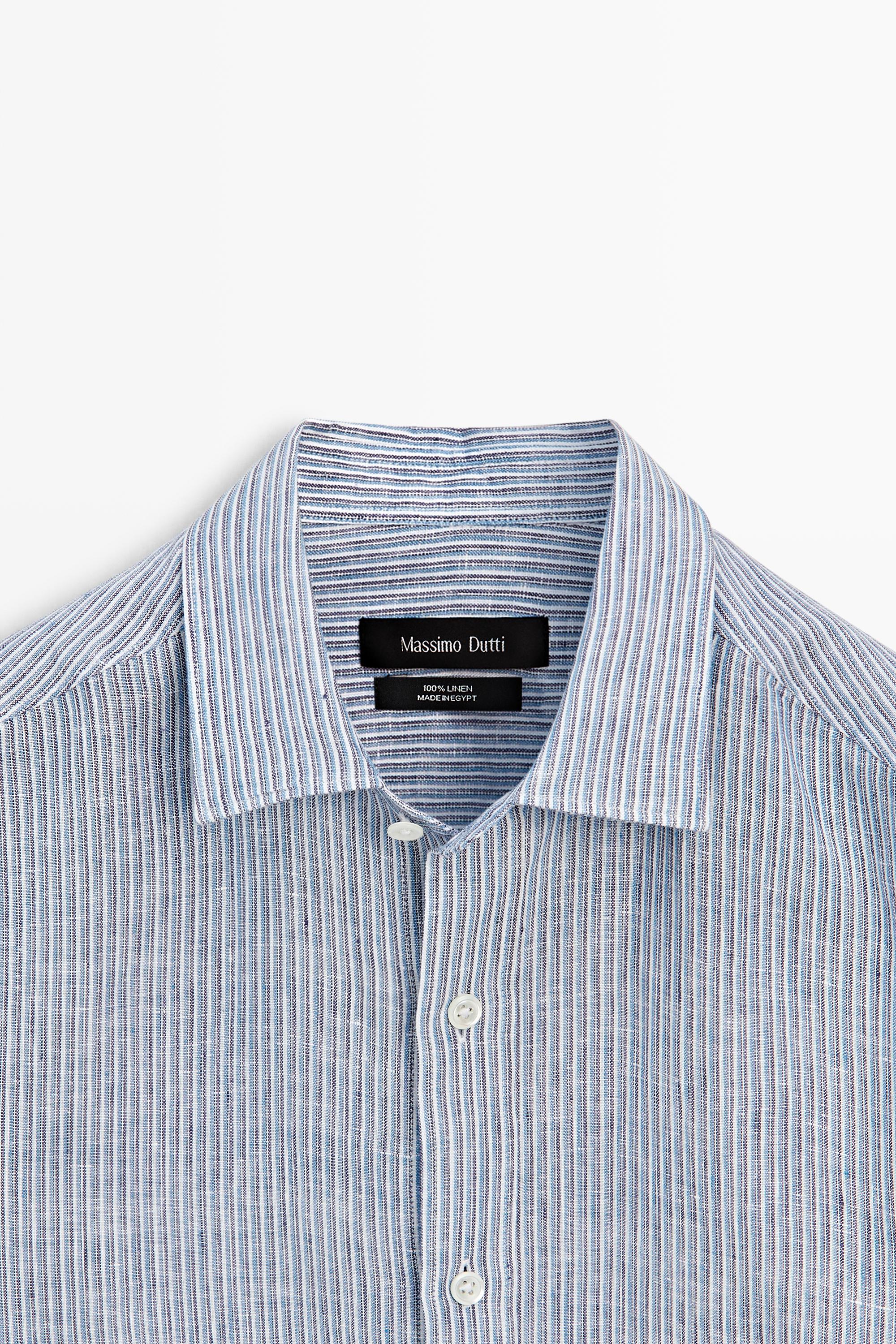 100% linen regular fit striped shirt — BLUE