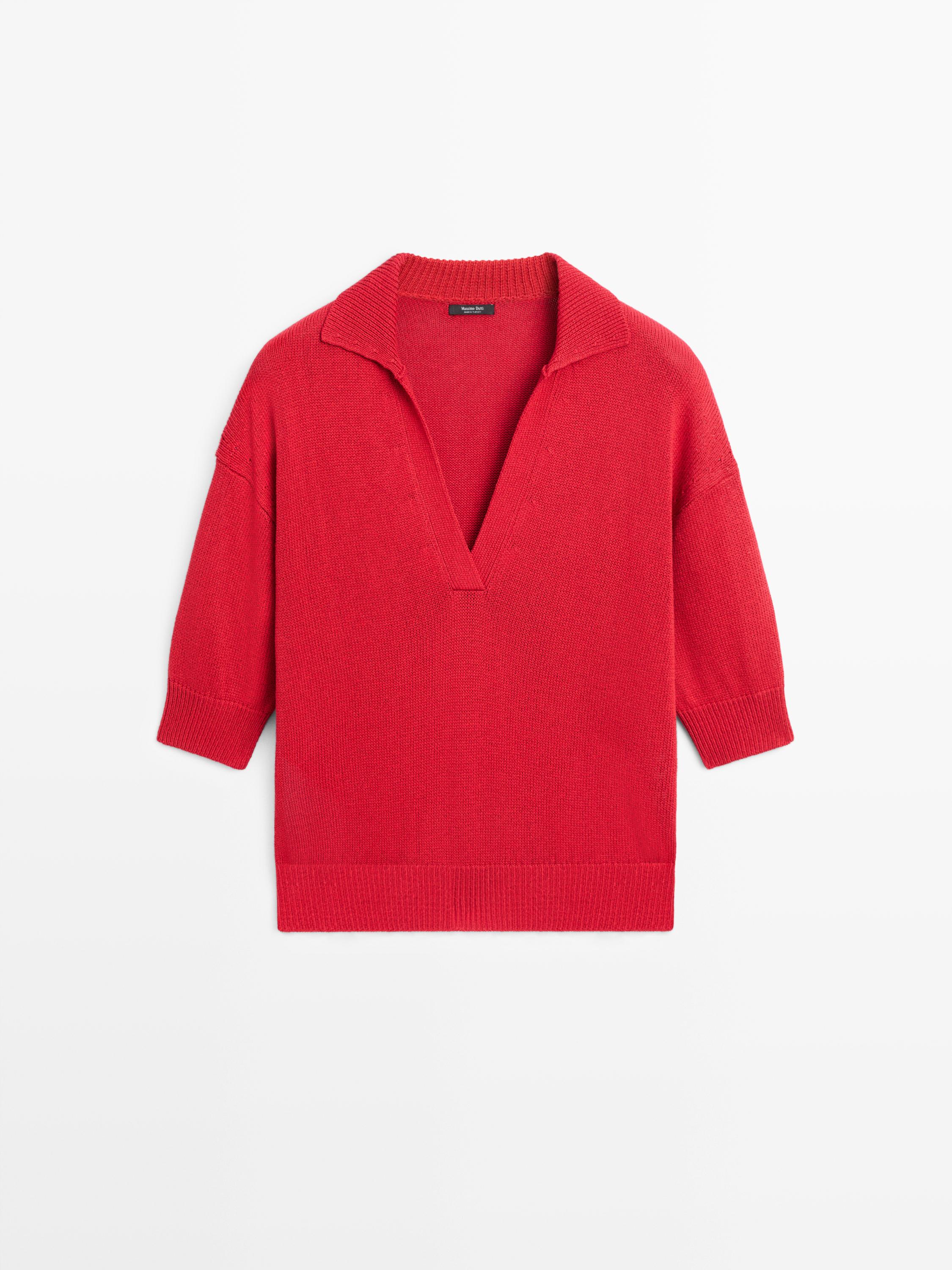 Flowing knit polo sweater — RED