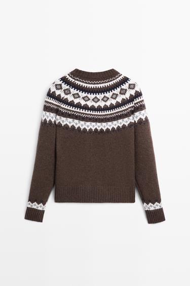 Wool blend jacquard knit sweater — BROWN 6