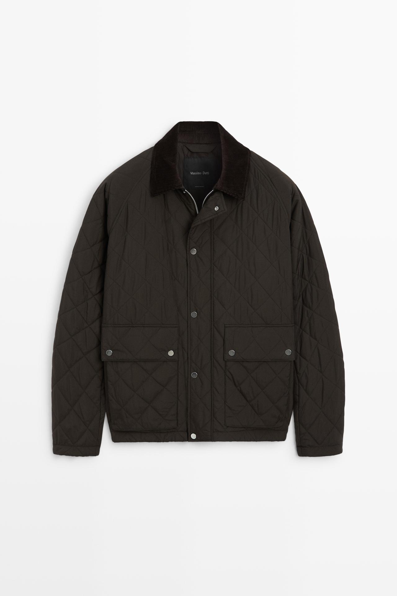 Quilted jacket with corduroy collar — BROWN MARL
