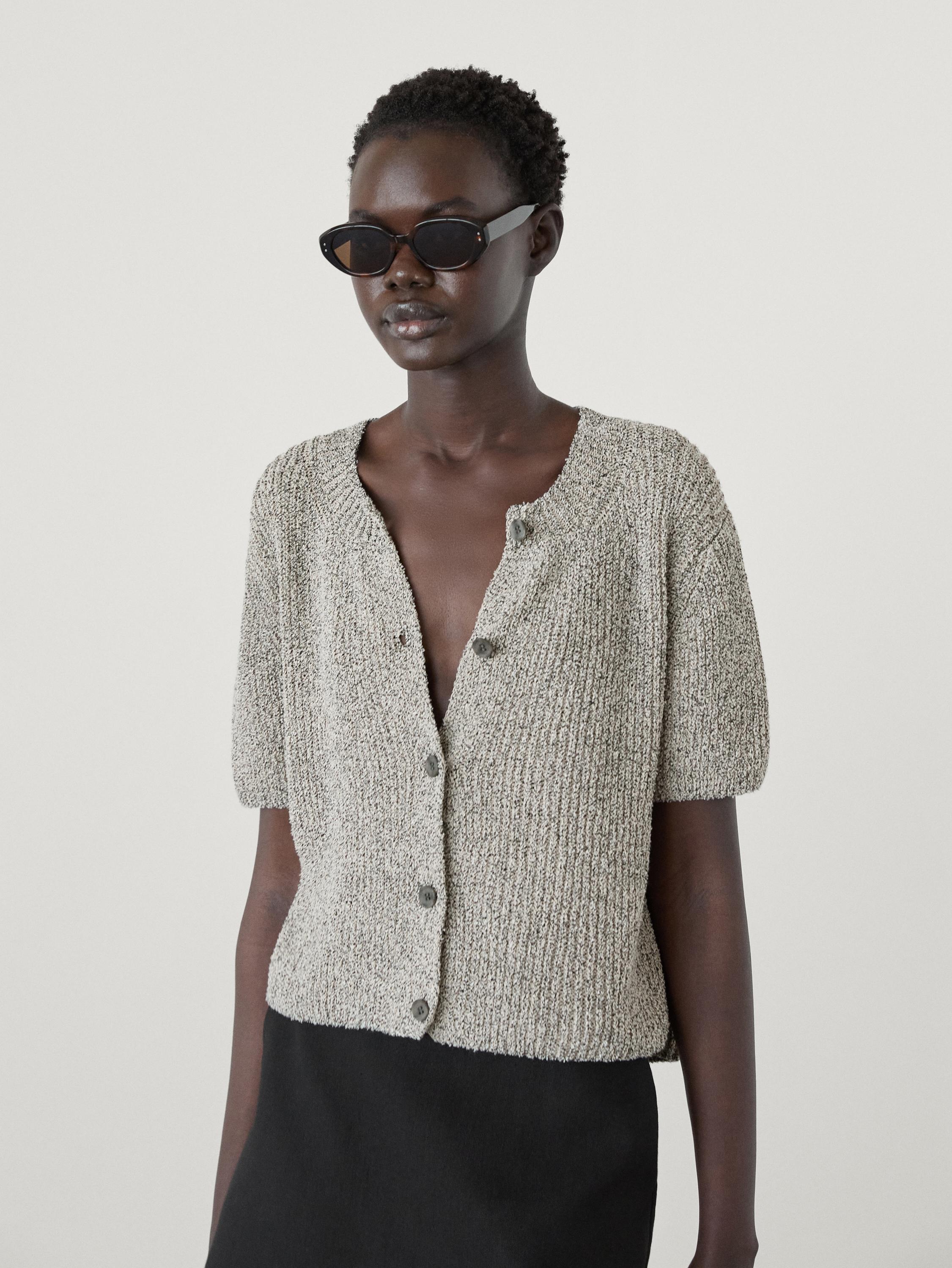 Cotton blend boucle knit cardigan Natural Grey Sweaters And Cardigans Massimo Dutti