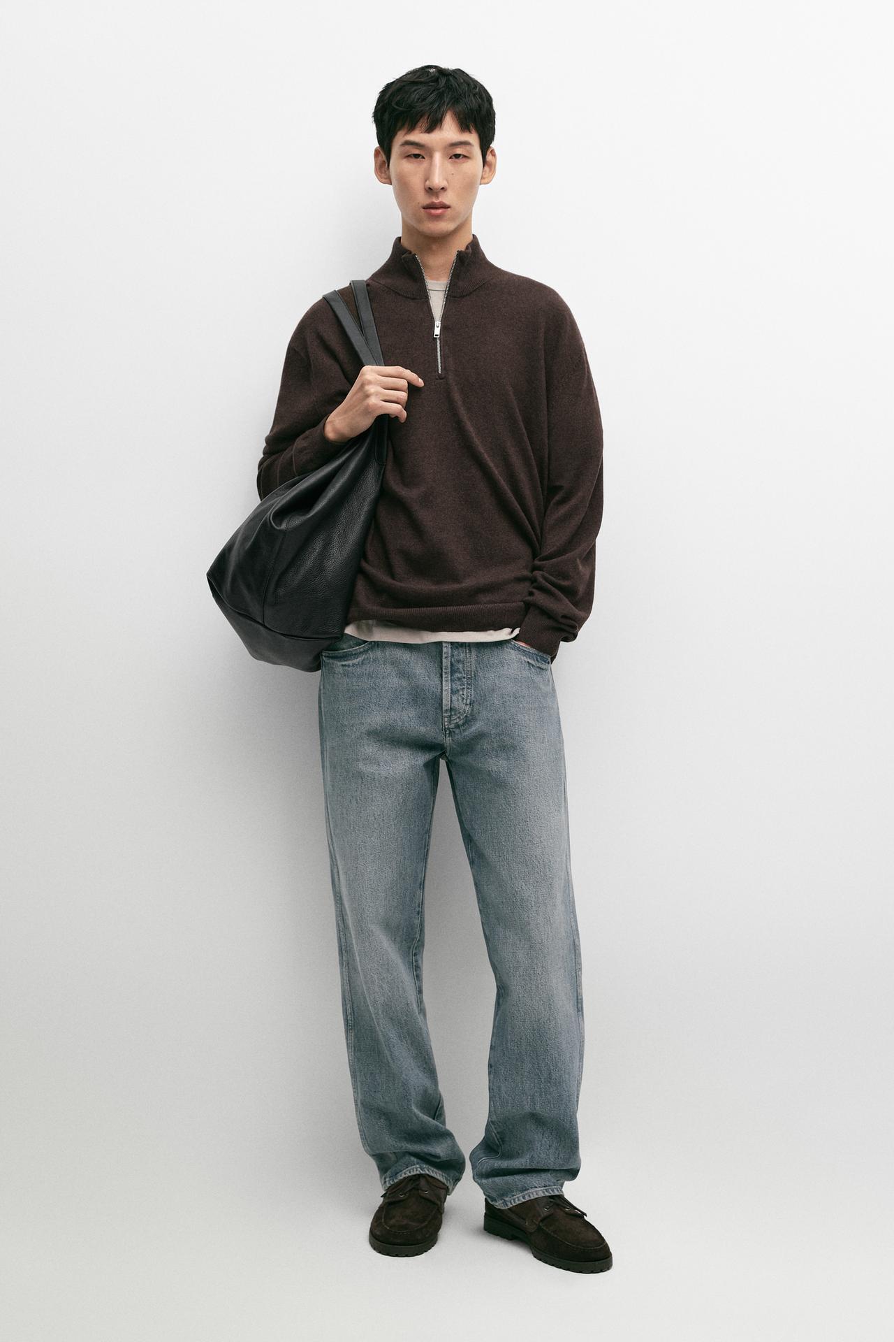 Mock neck knit sweater with zip — Chocolate