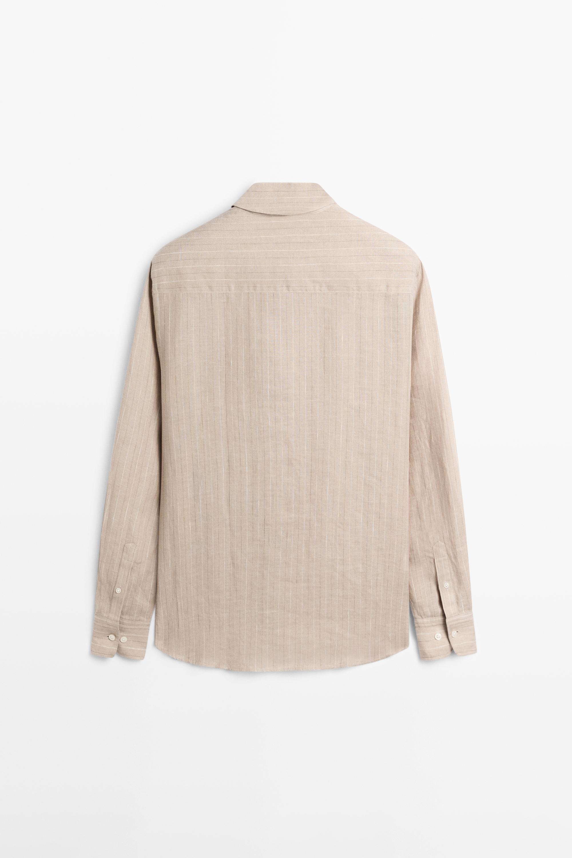100% linen striped slim fit shirt — CAMEL