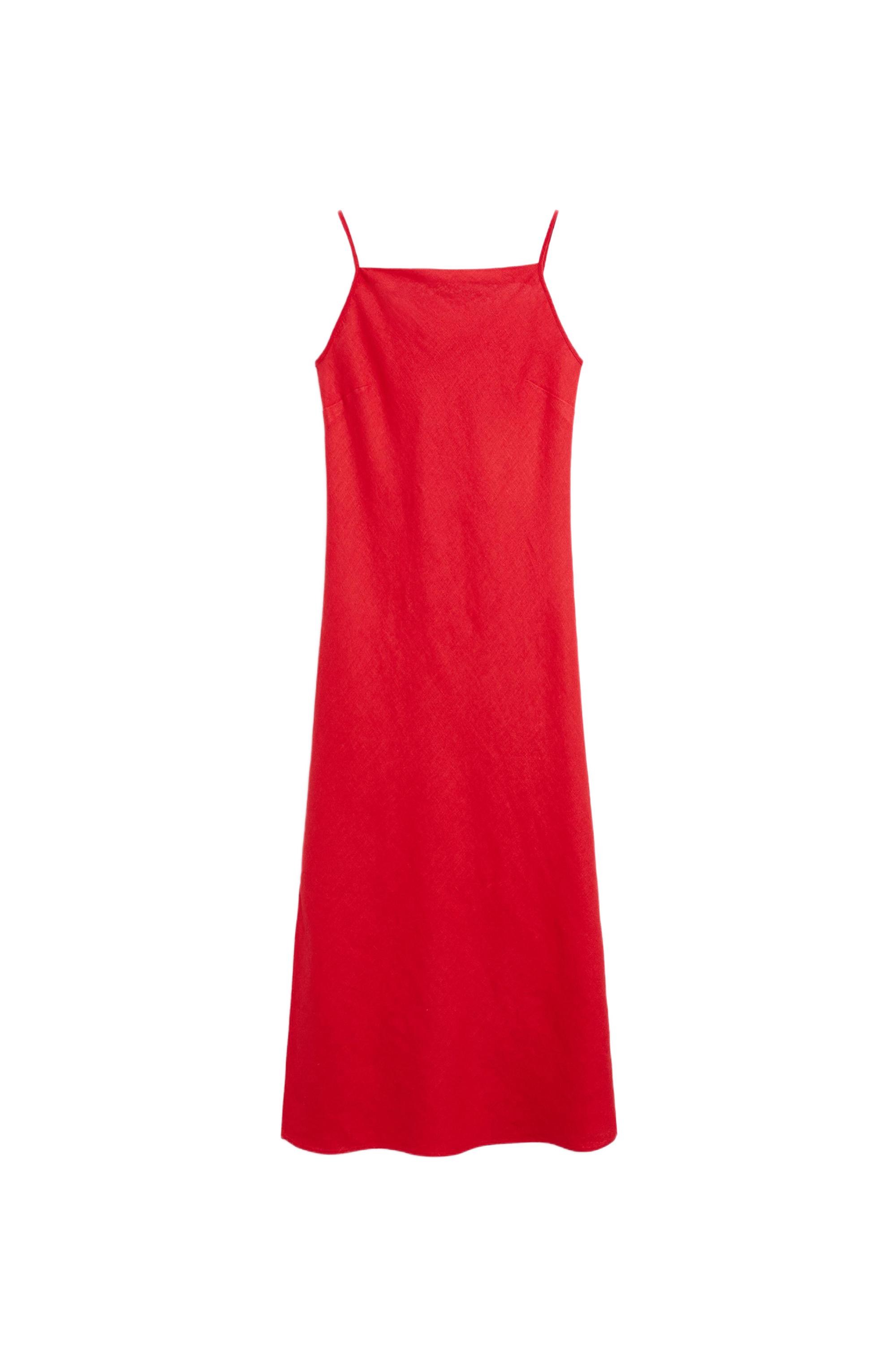 100% linen midi dress with straight neckline — RED