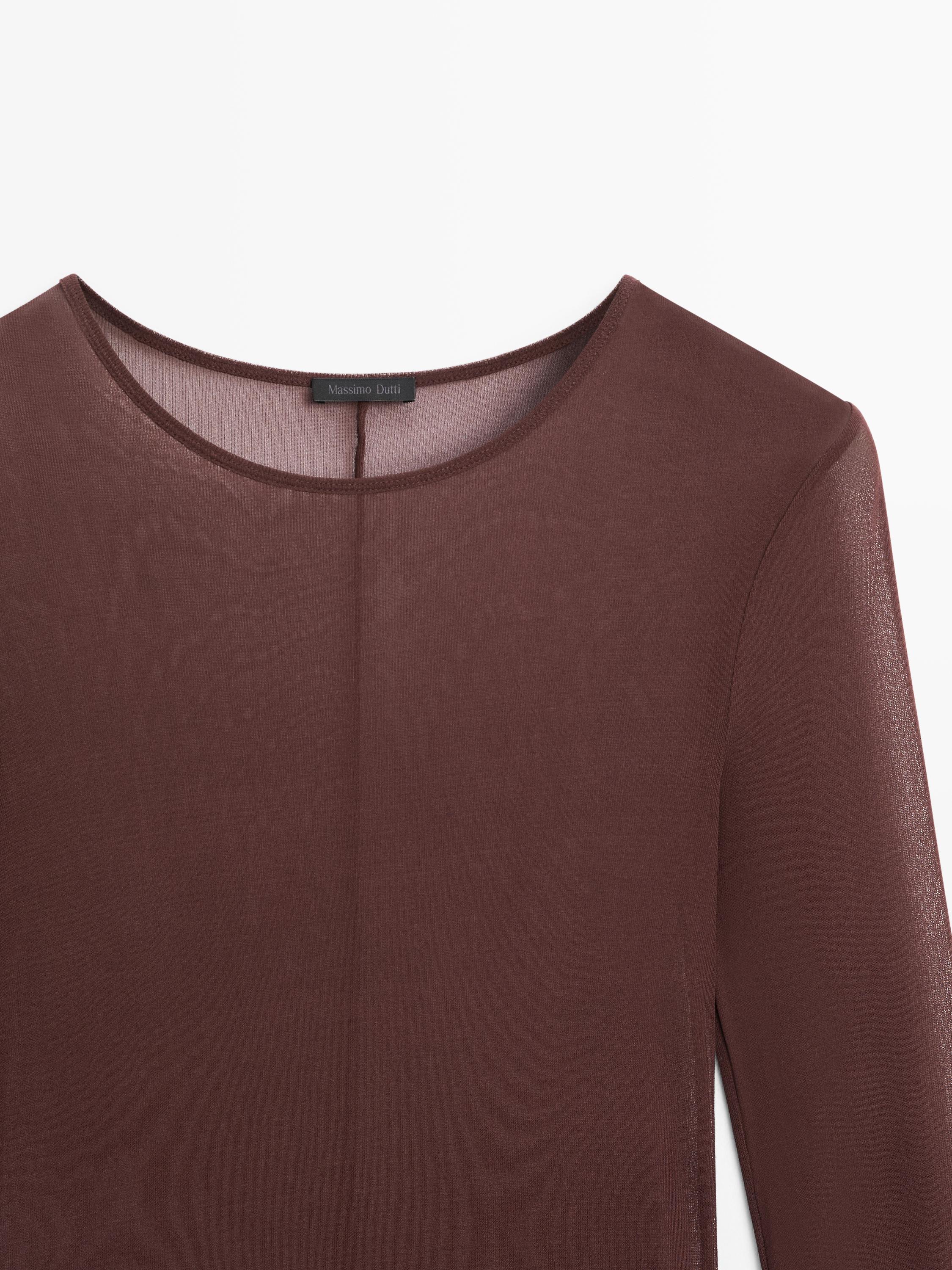 Long sleeve silk T-shirt — BROWN
