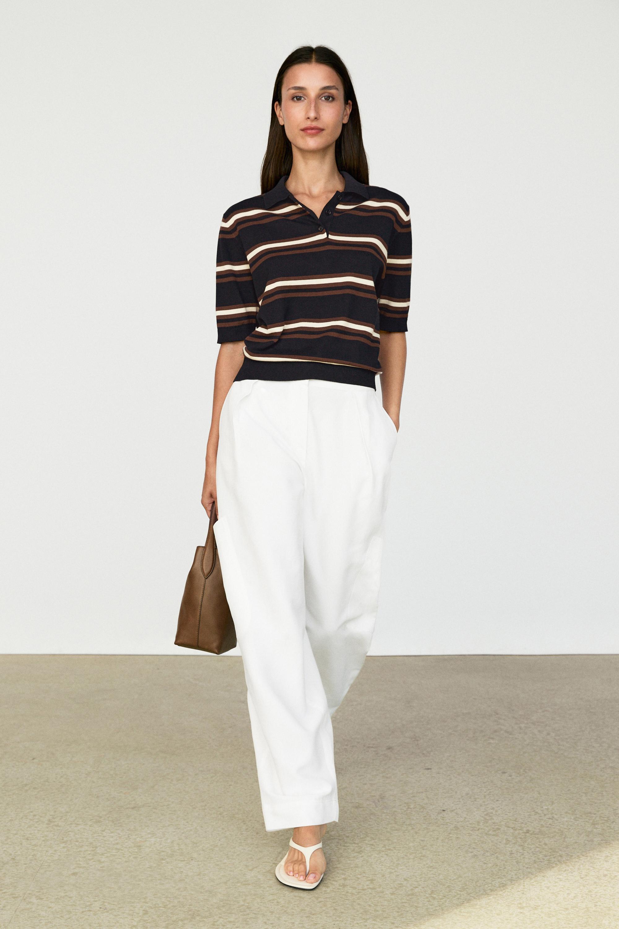 Massimo Dutti %100 pamuklu çizgili triko polo görsel 8