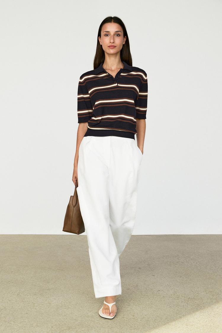 100% Cotton Striped Knit Polo — NAVY BLUE