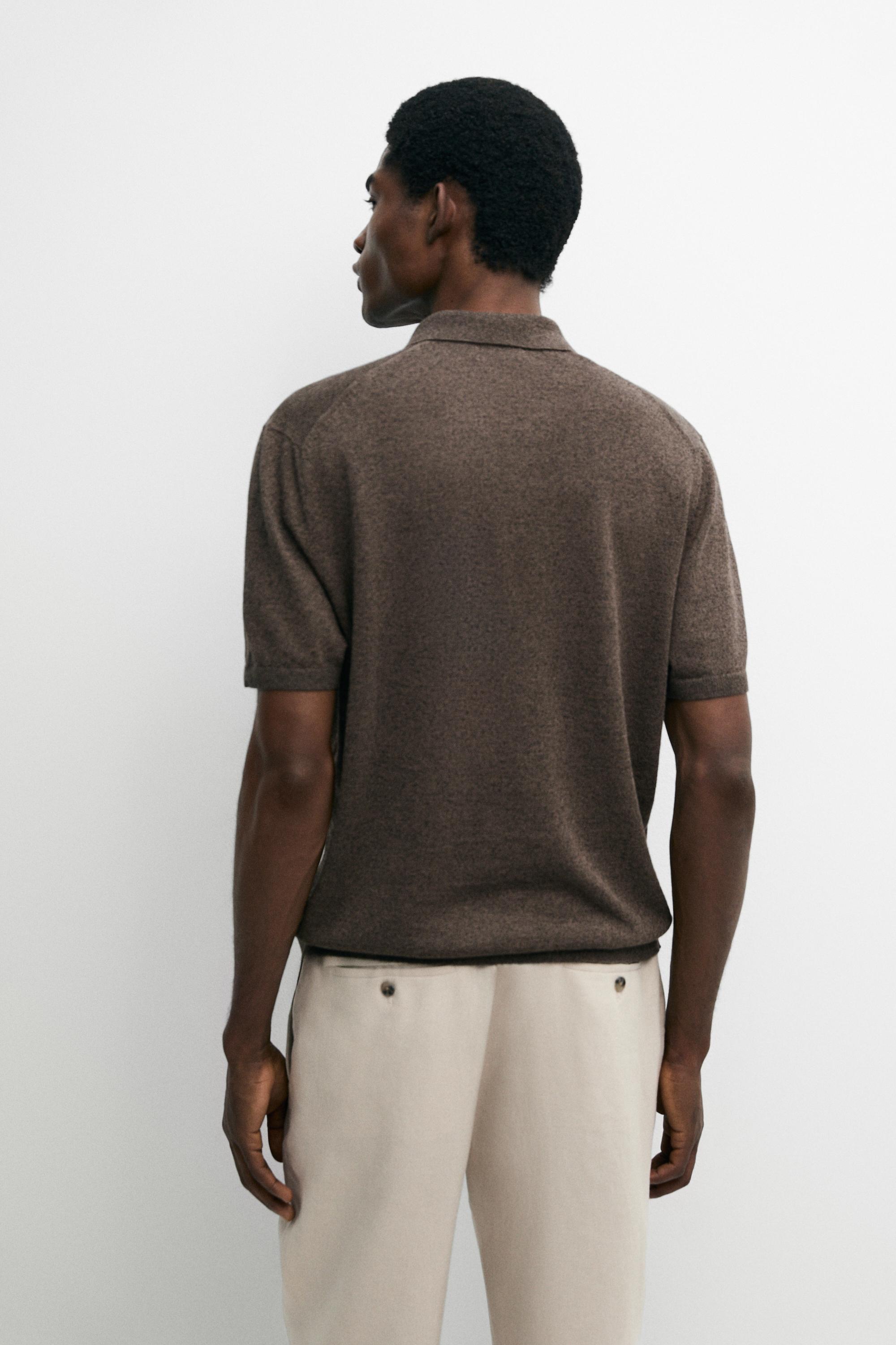 Linen blend V-neck polo shirt — BROWN