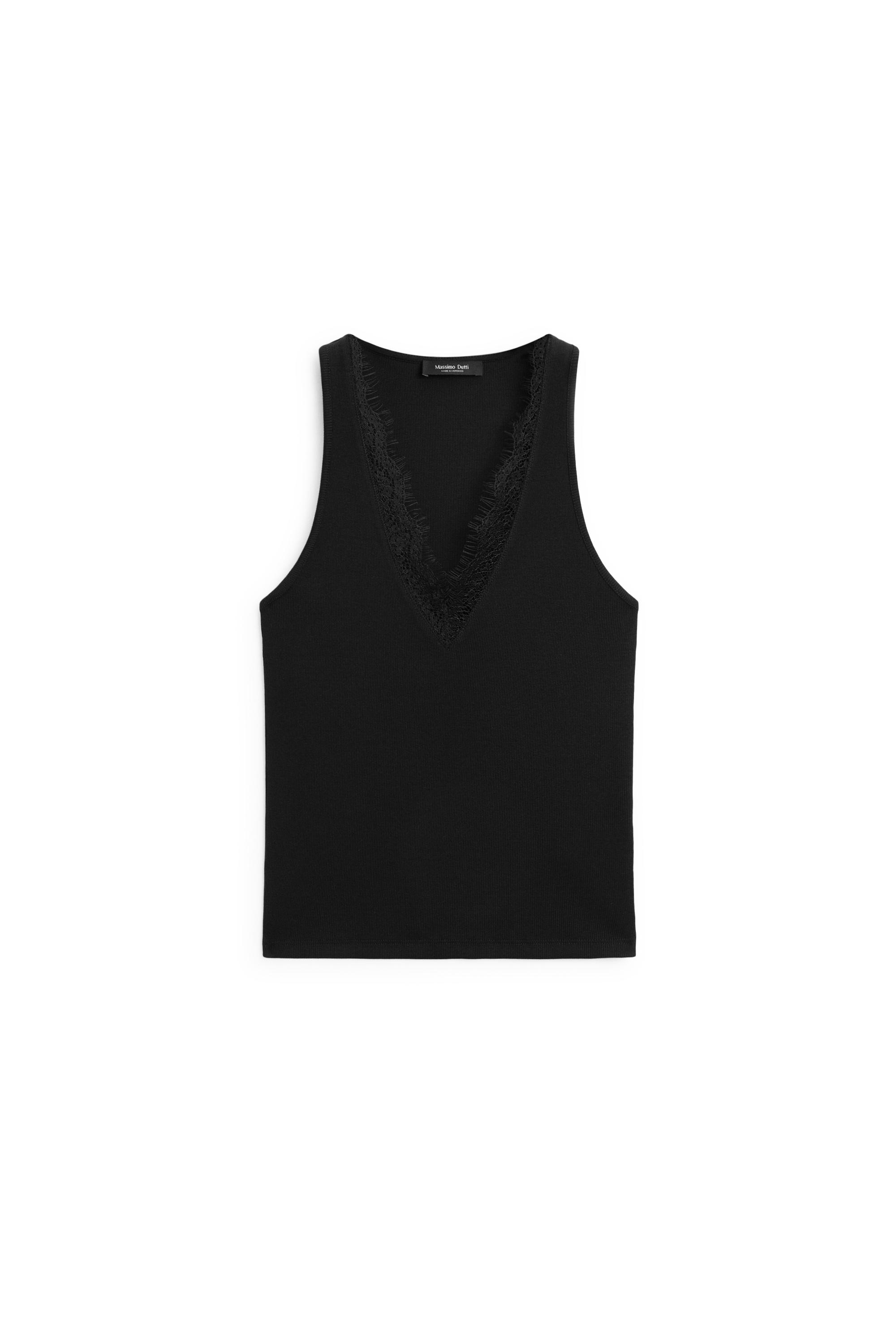 V-neck lace trim camisole top — BLACK