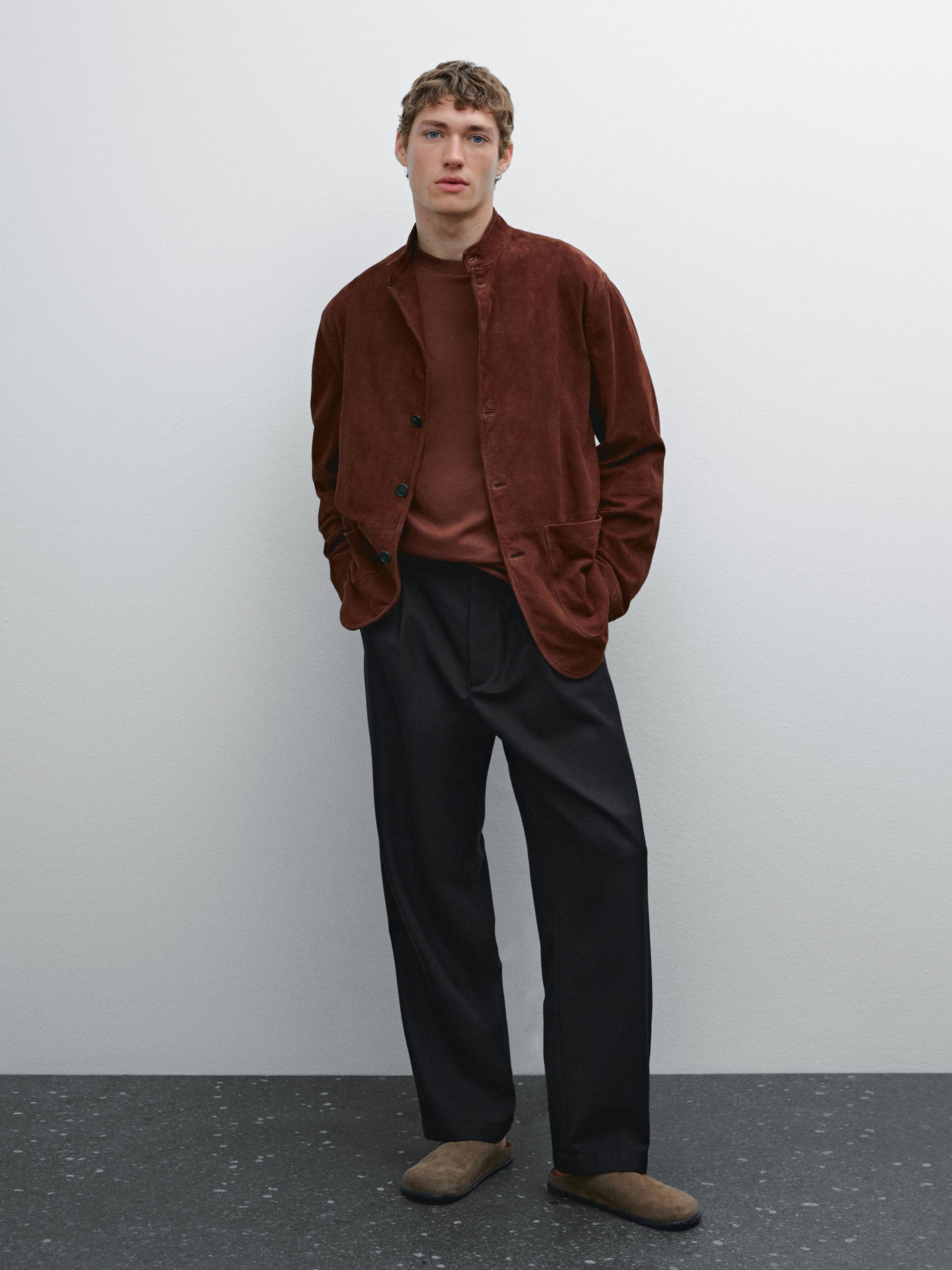 Veste à col mao en cuir finition daim