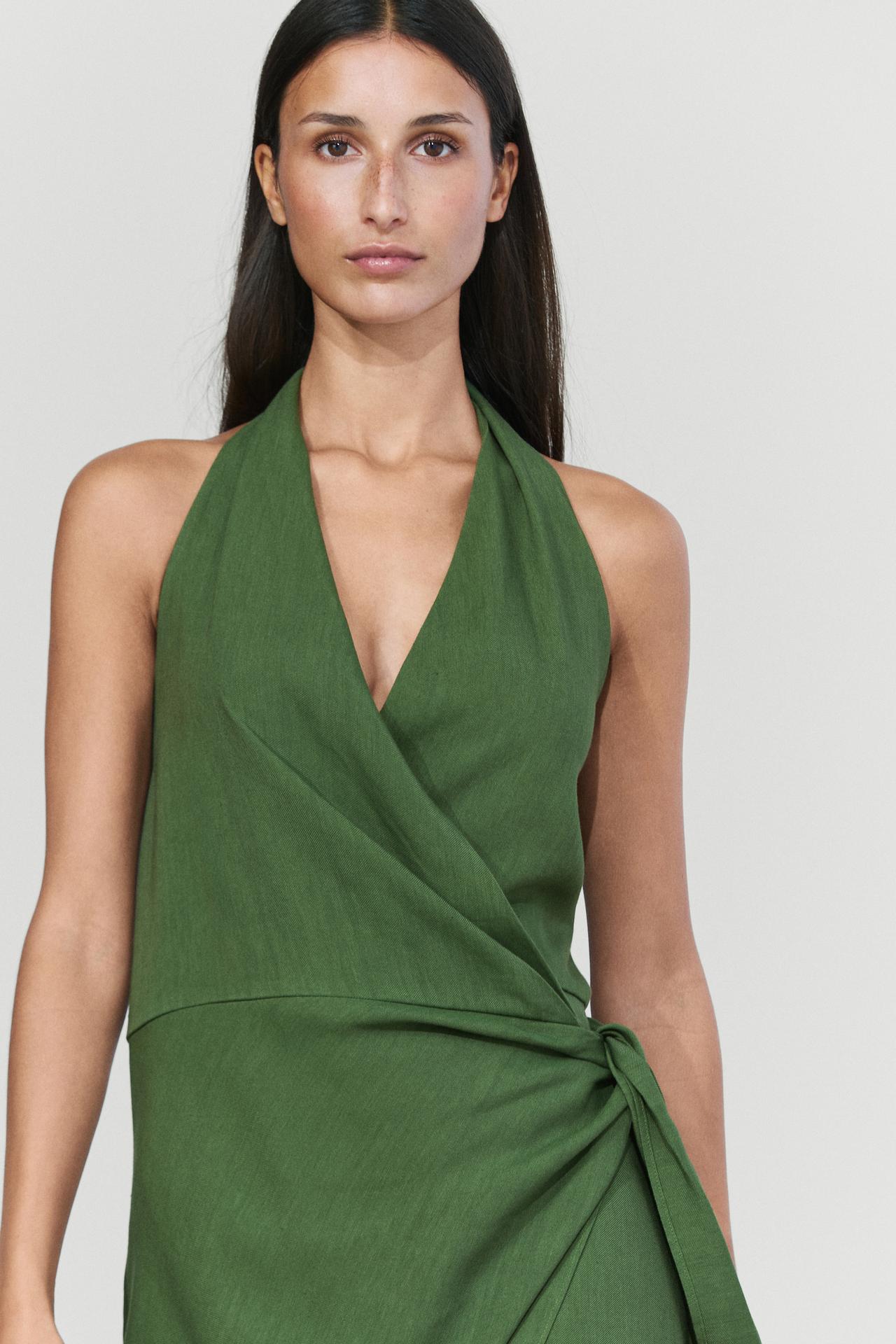 Linen halter wrap midi dress — GREEN