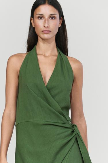 Linen halter wrap midi dress — GREEN 5