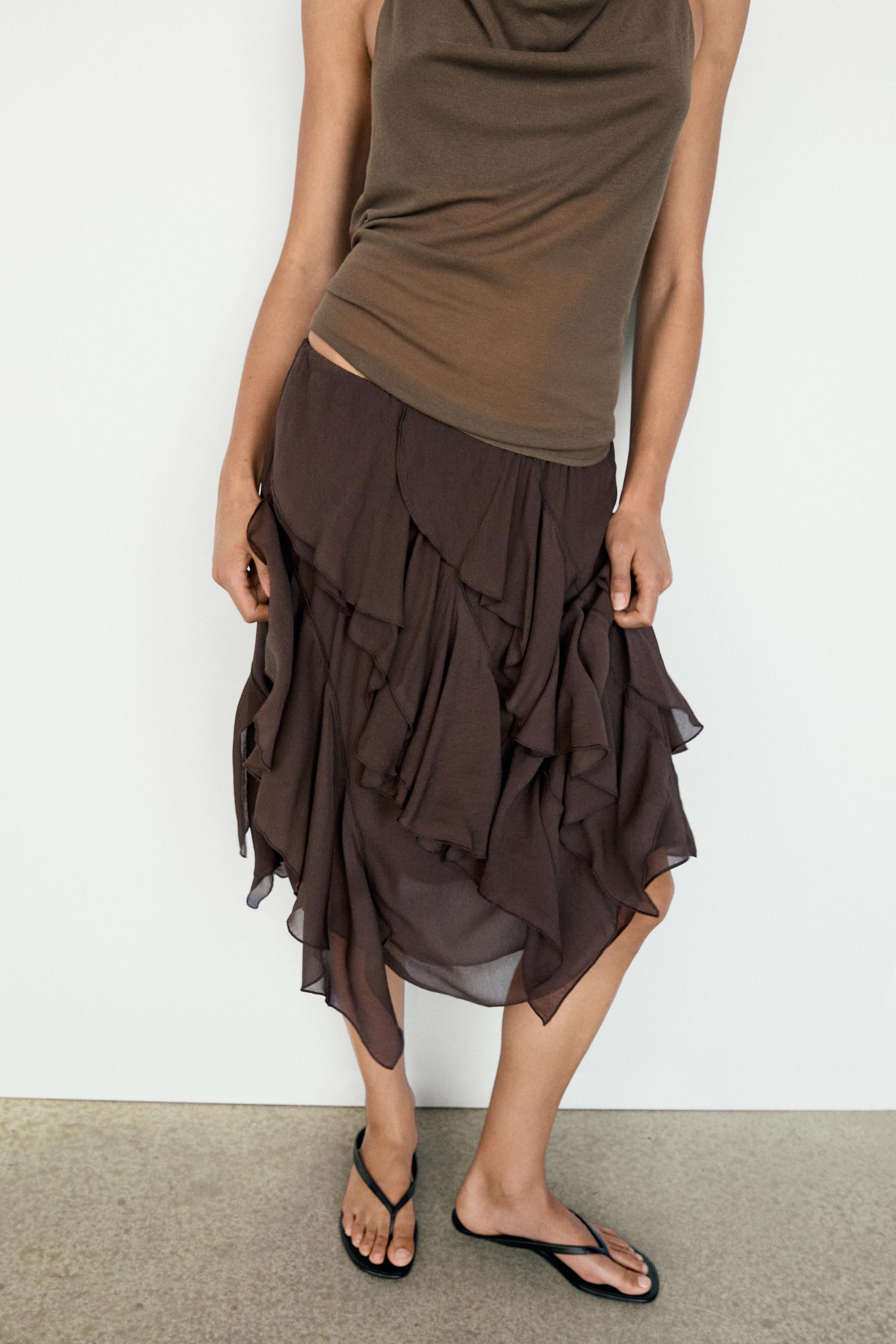 Flowing ruffled midi skirt — Chocolate