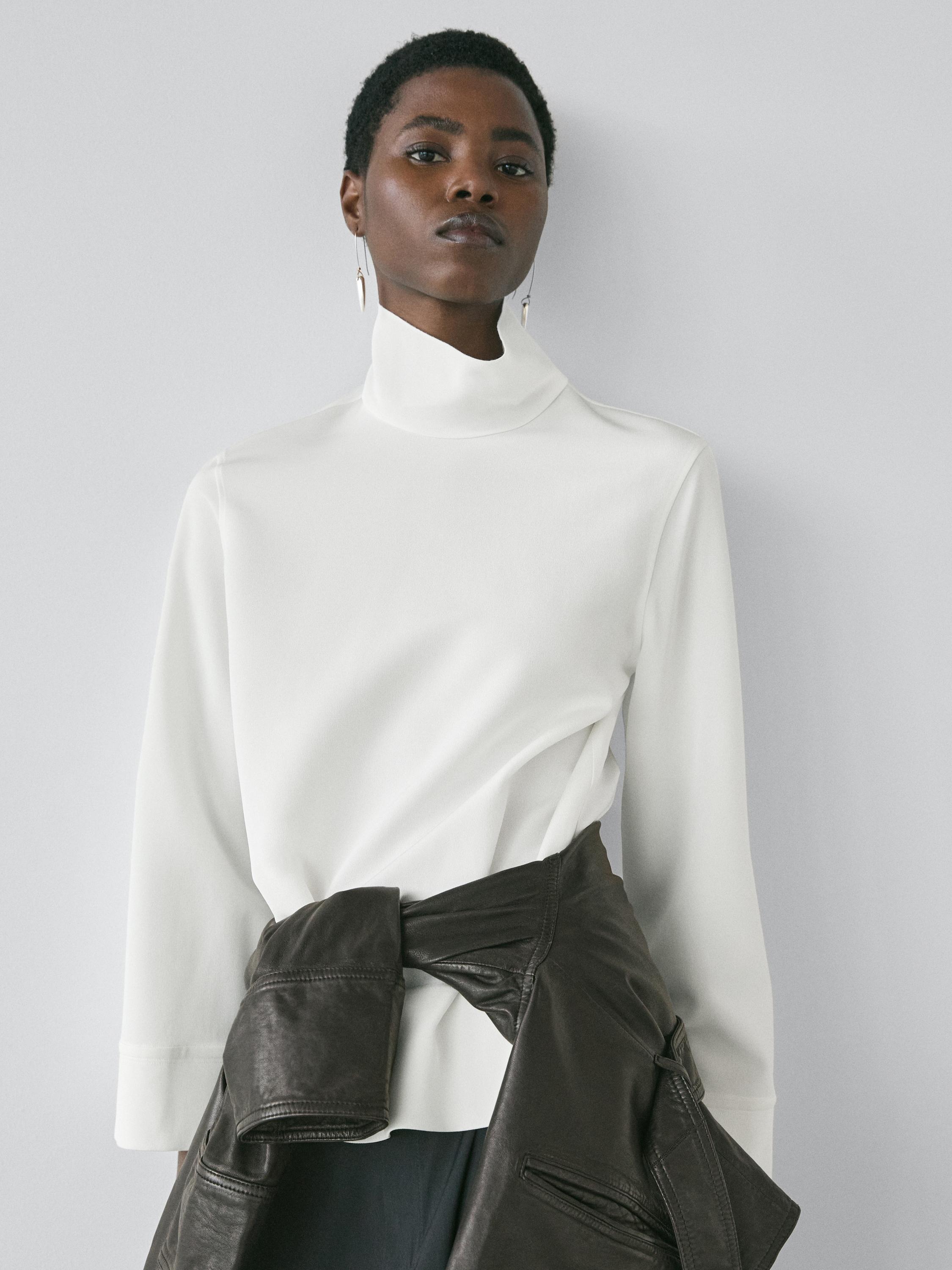 High neck blouse with hem detail — WHITE