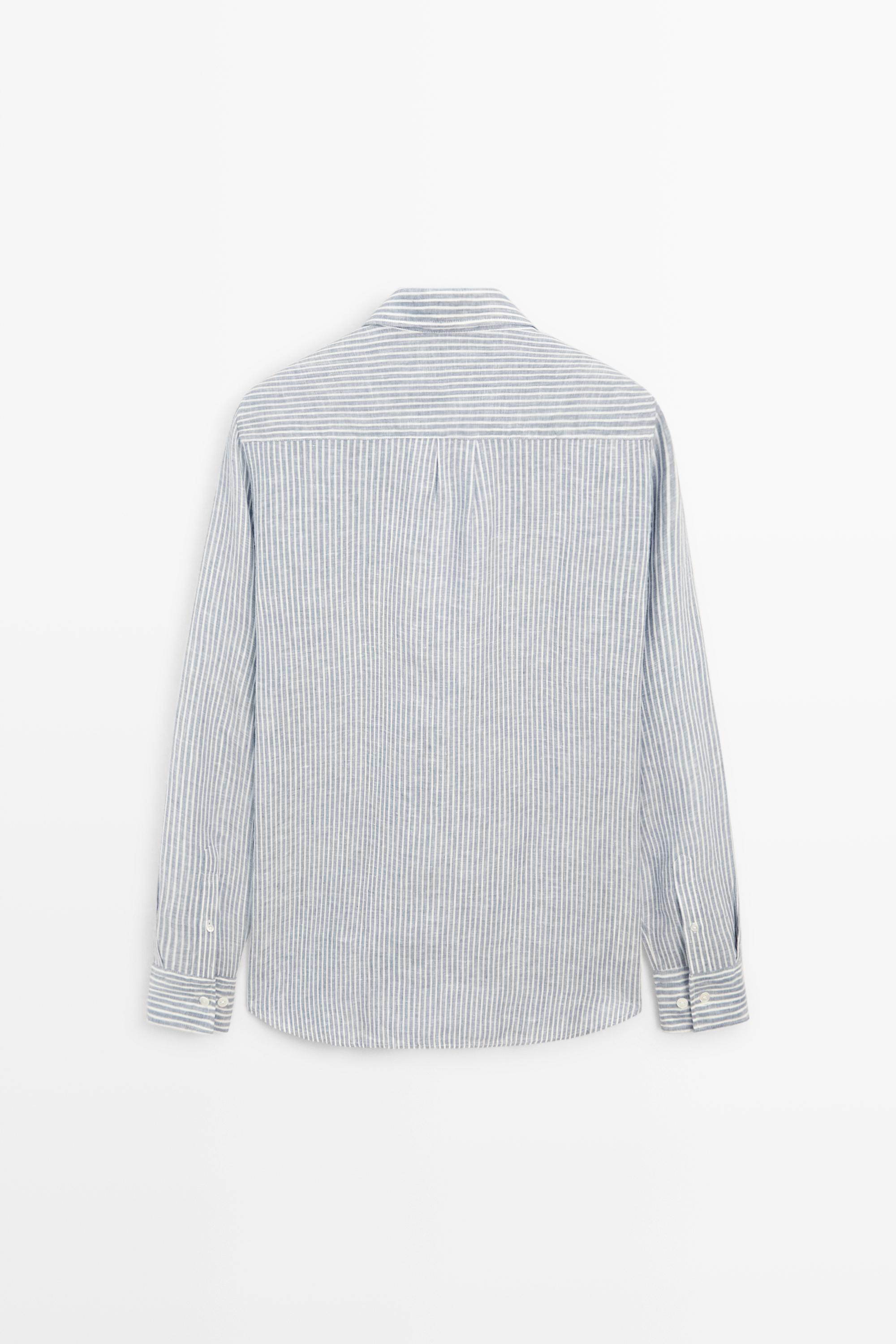 100% linen regular fit striped shirt — SKY BLUE