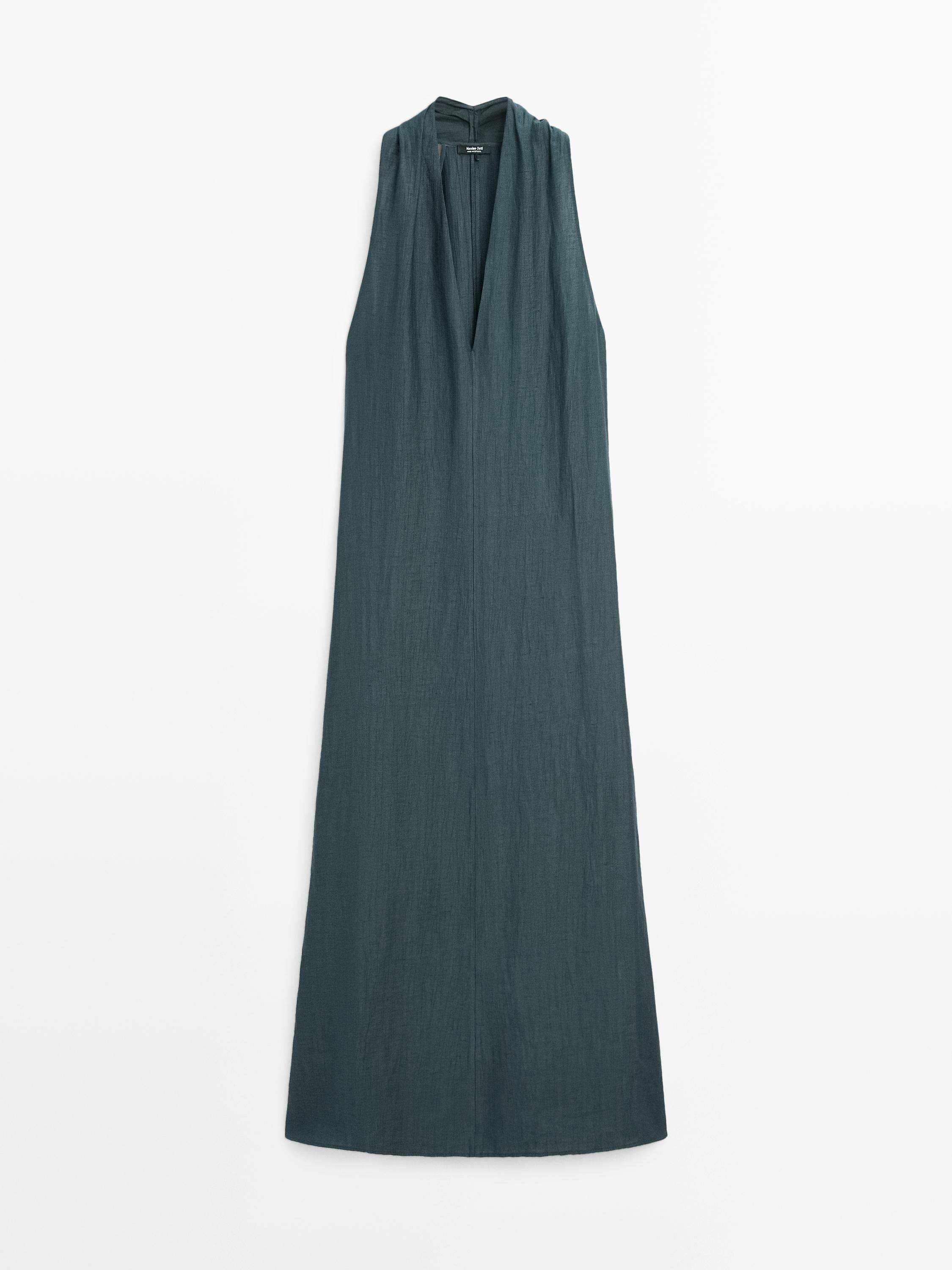 Vestito midi scollo a v con lino