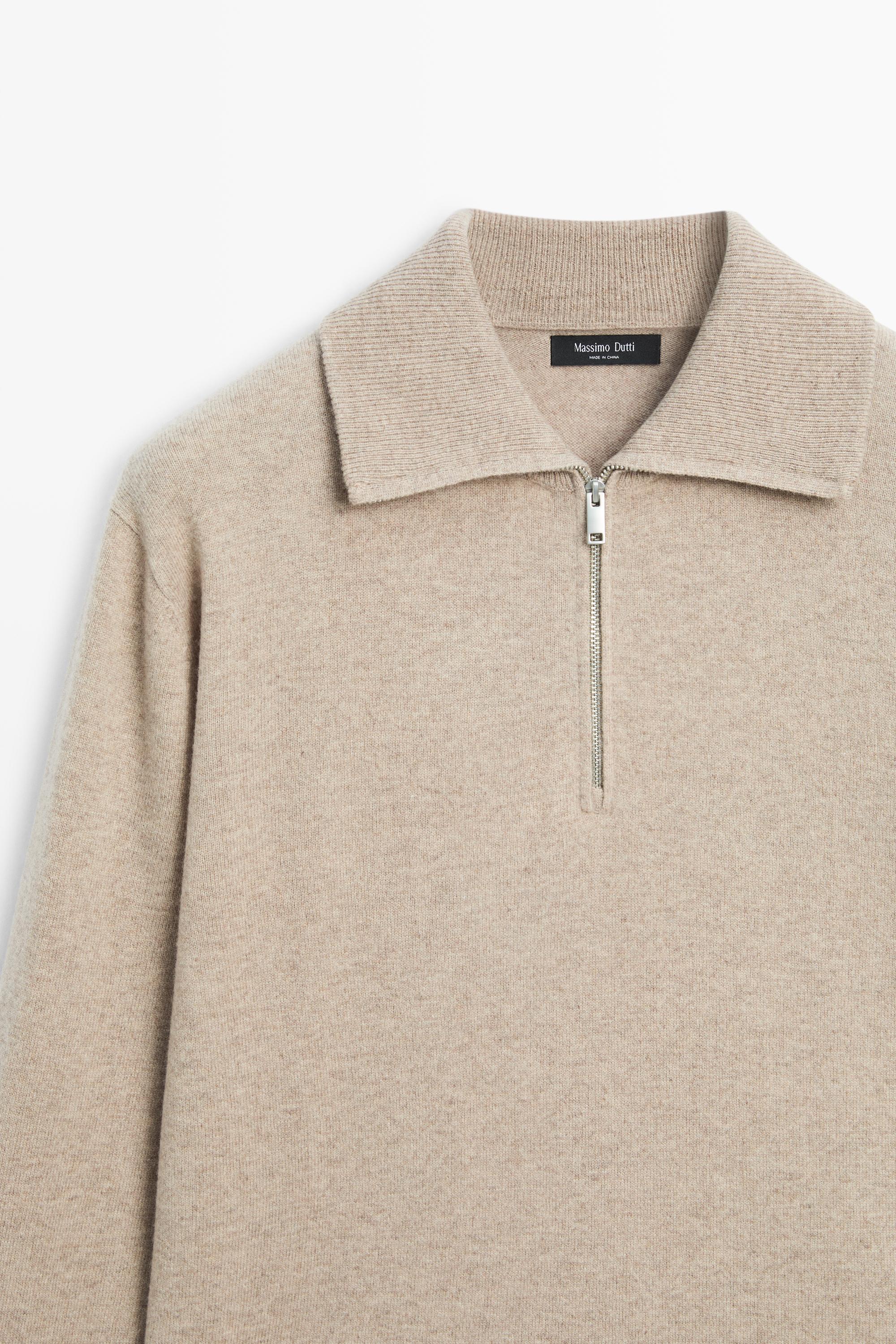 Mock neck zip-up knit sweater — Sand