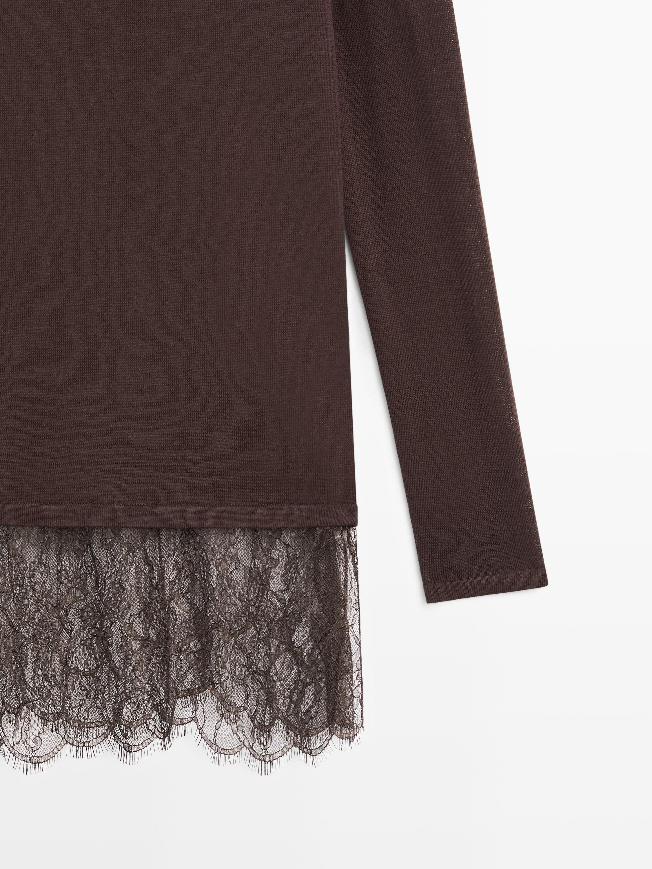 Long sleeve T-shirt with lace detail — BROWN