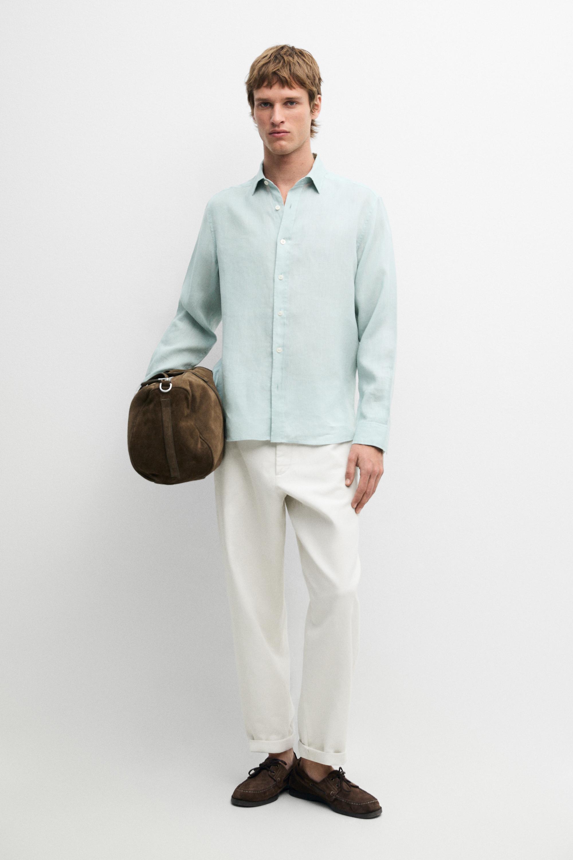 100% linen slim fit shirt — PALE GREEN