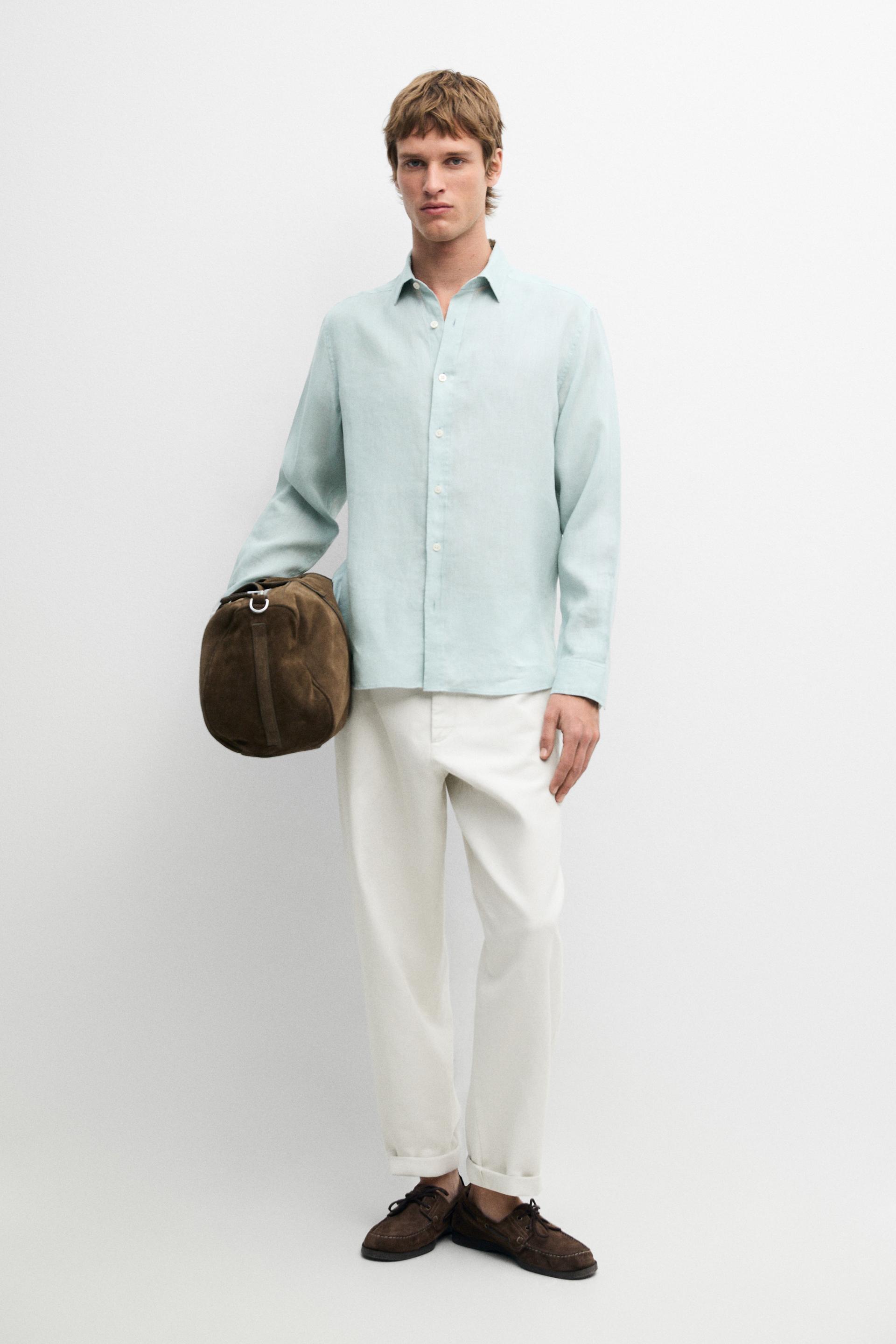 Camicia Slim Fit 100% Lino - Verde Chiaro - S - Massimo Dutti - Maschile
