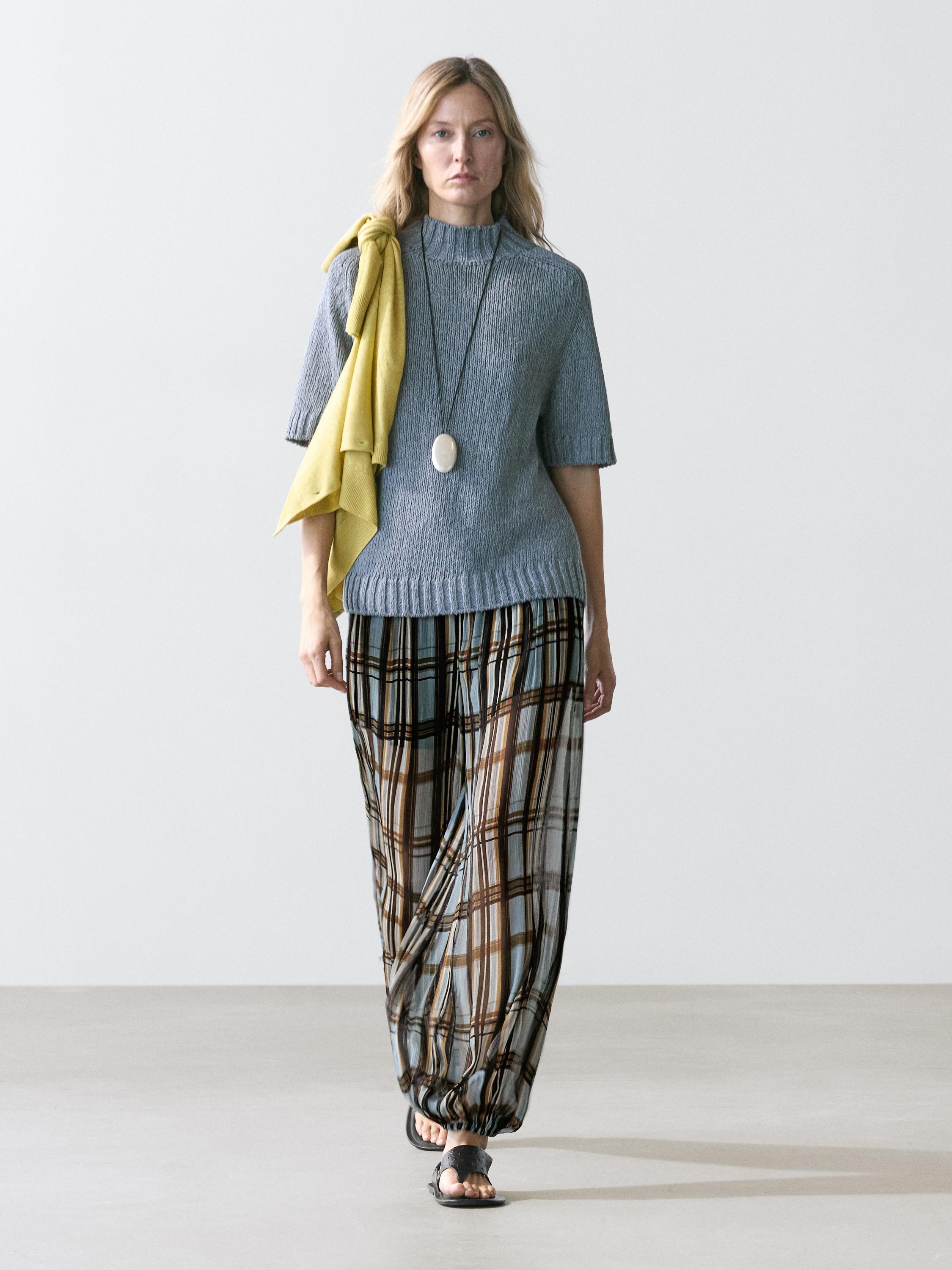Flowing check print sarouel trousers
