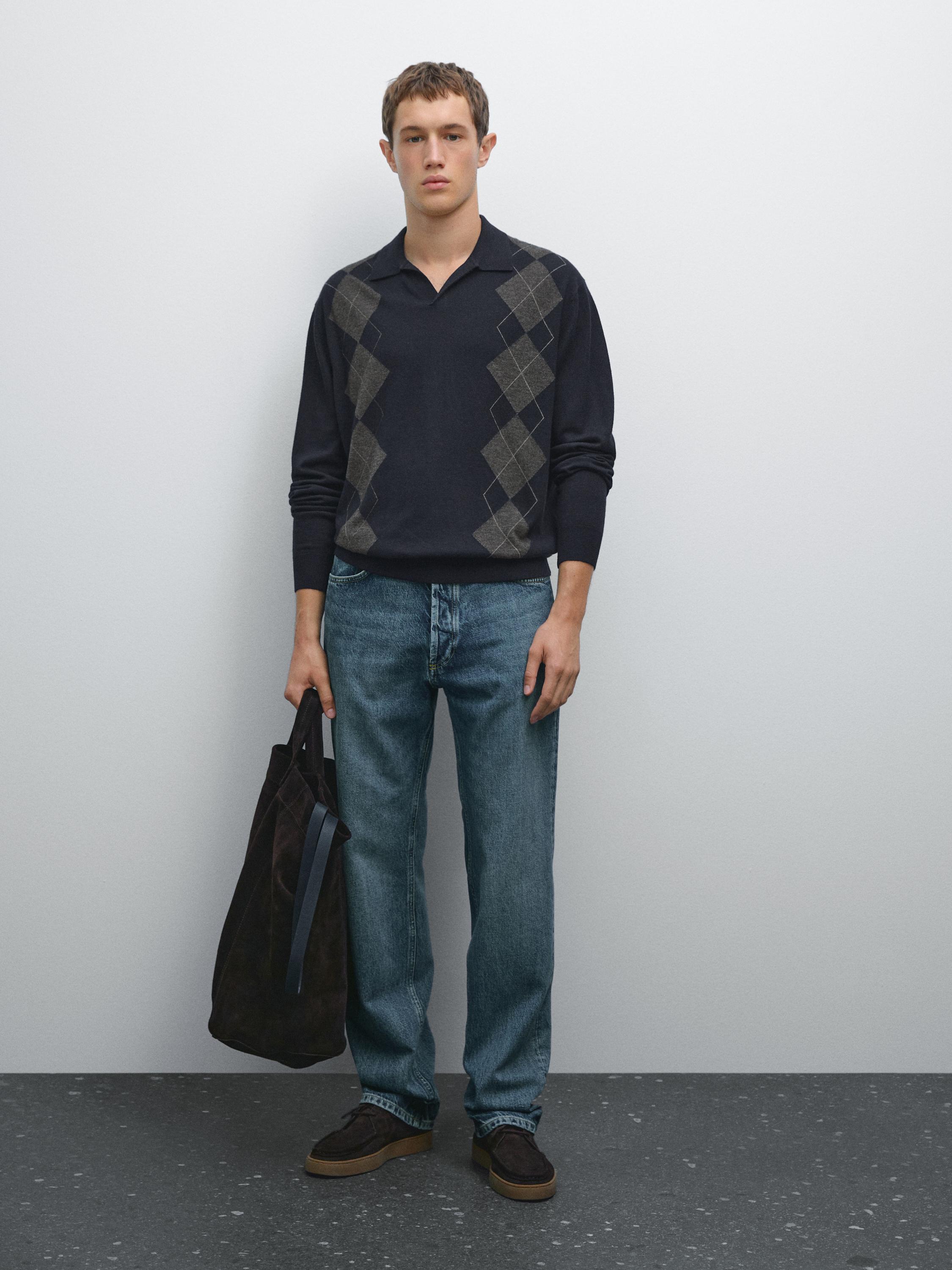 Pleteni polo pulover od mješavine vune s uzorkom rombova