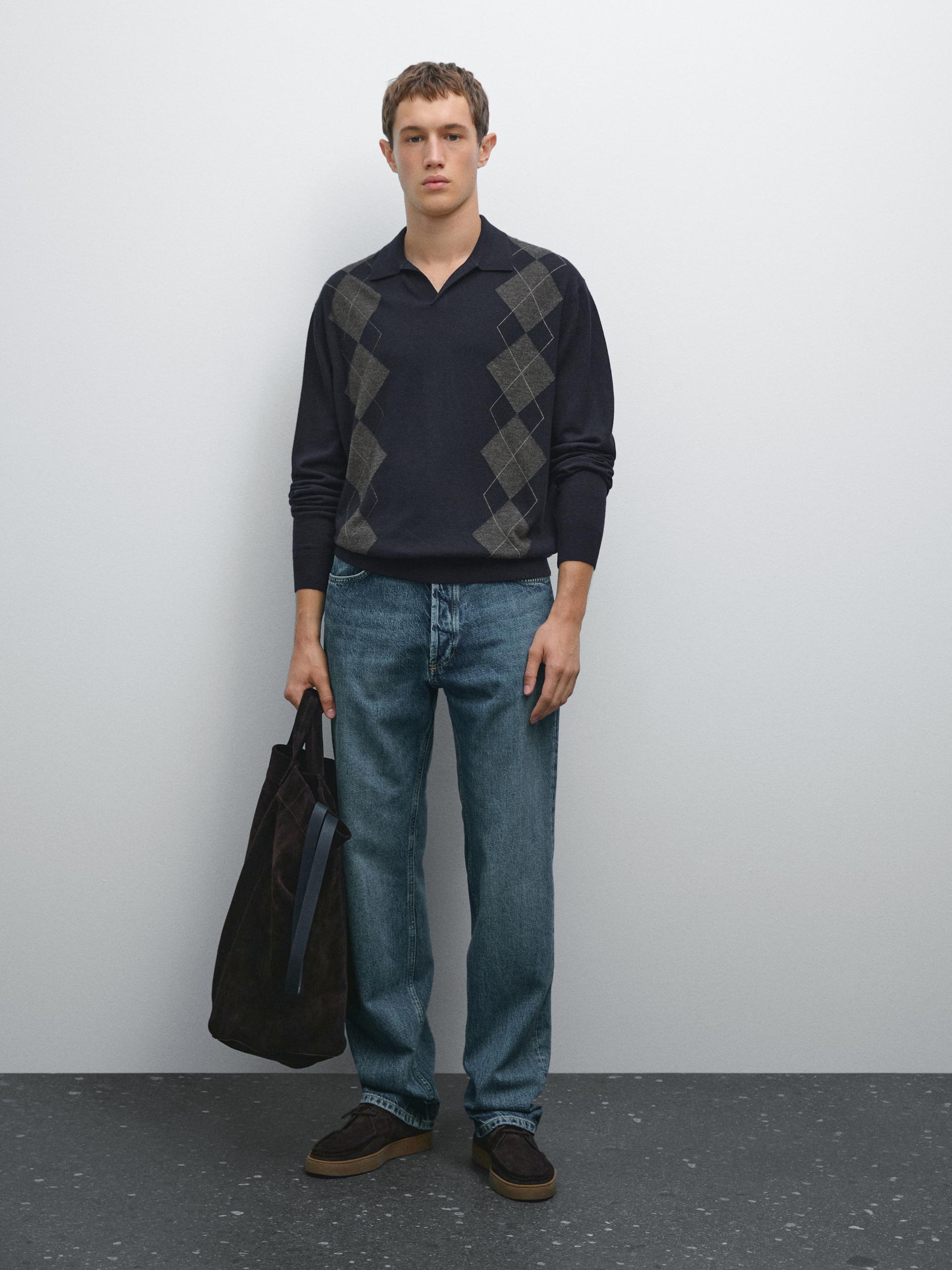 Maglia A Polo A Rombi Misto Lana - Blu Marino - M - Massimo Dutti - Maschile