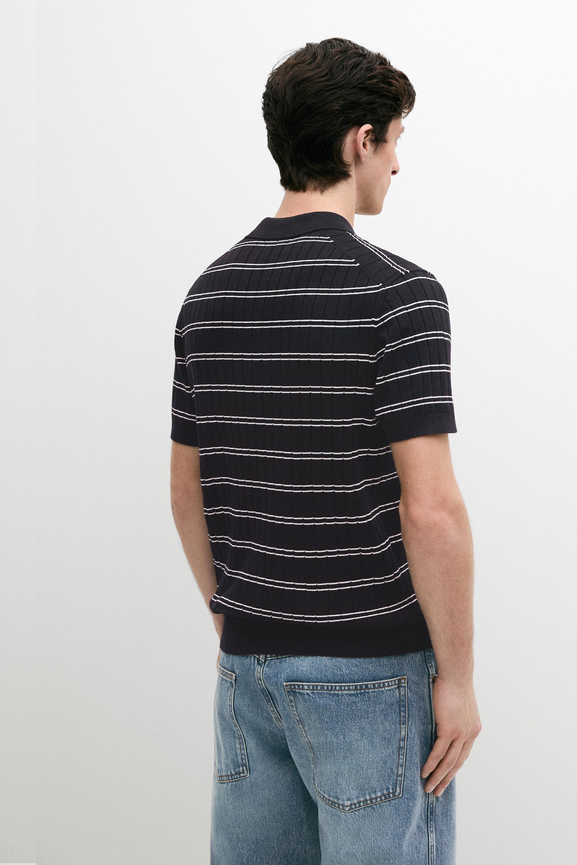 Striped cotton knit polo shirt — NAVY BLUE