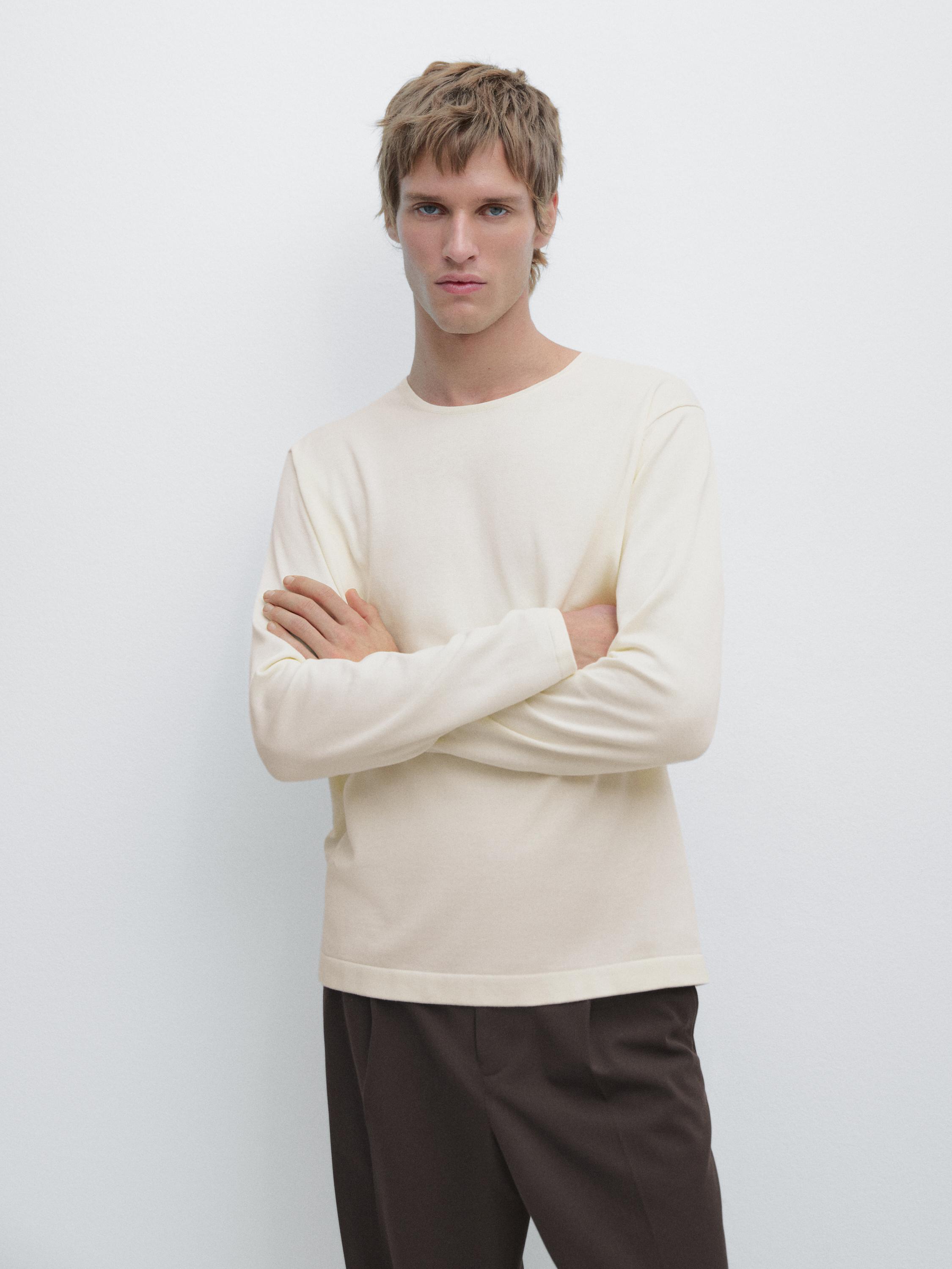 Knit 100% cotton crew neck sweater — OFF WHITE