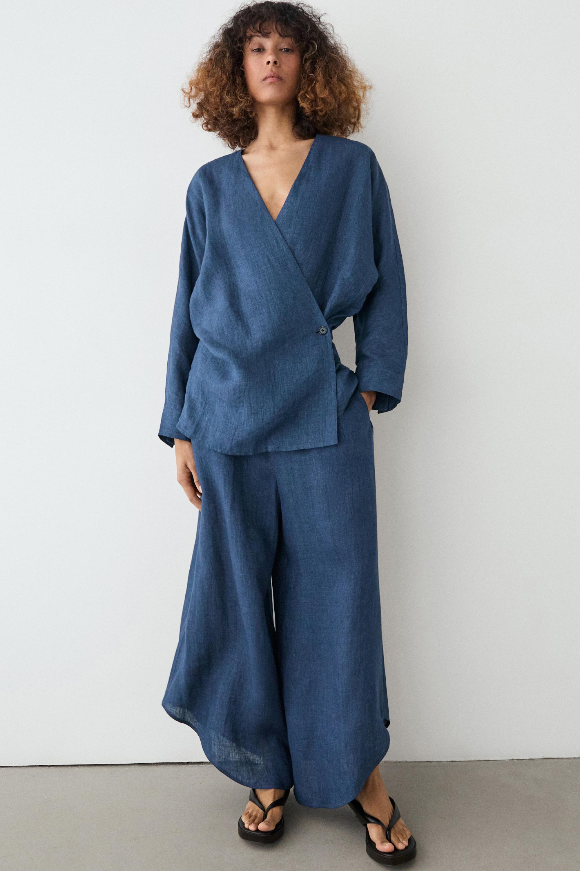Linen total look denim-effect kimono — BLUE