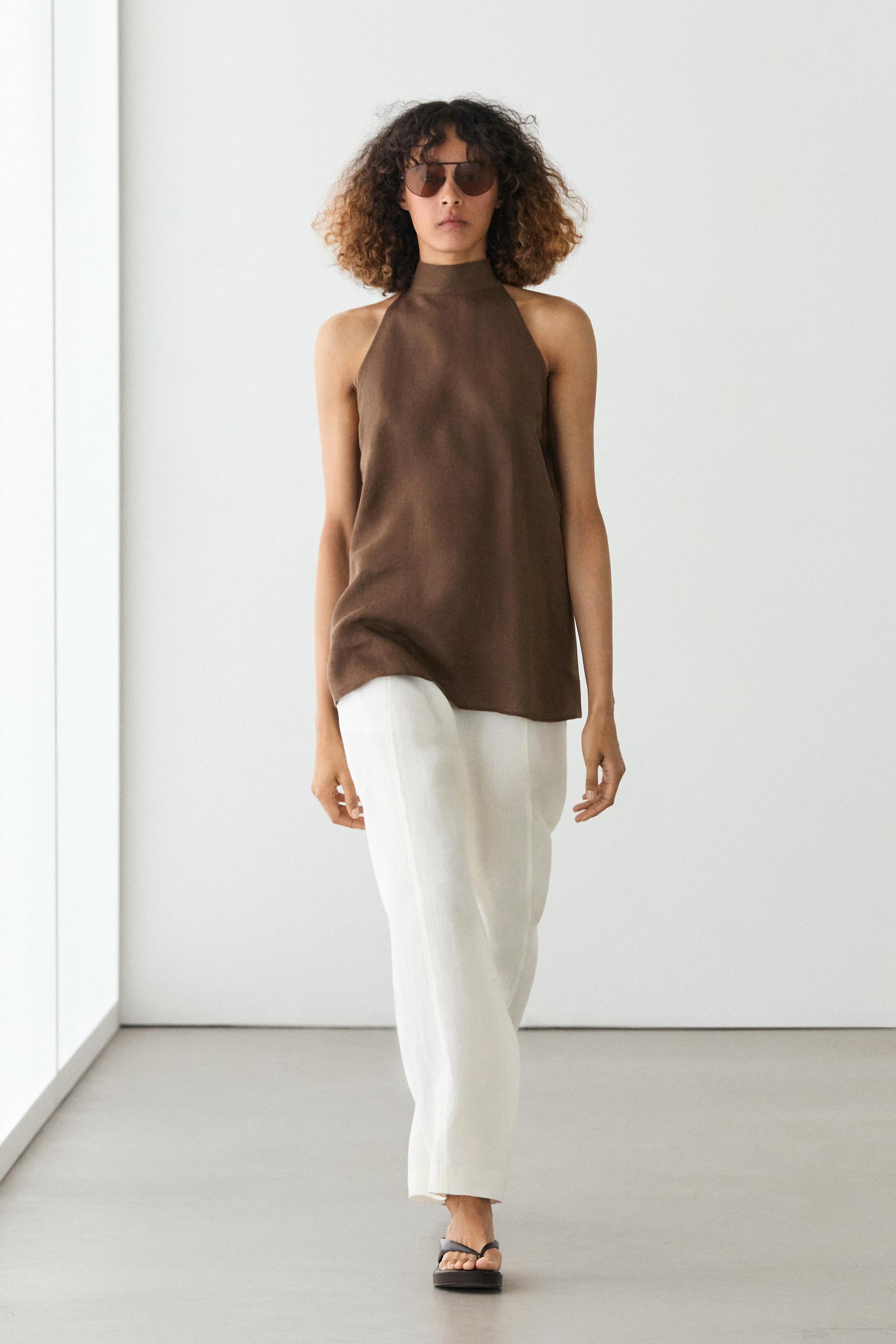 Top Fluide À Encolure Américaine 100 % Lin - Marron - M - Massimo Dutti - Femme