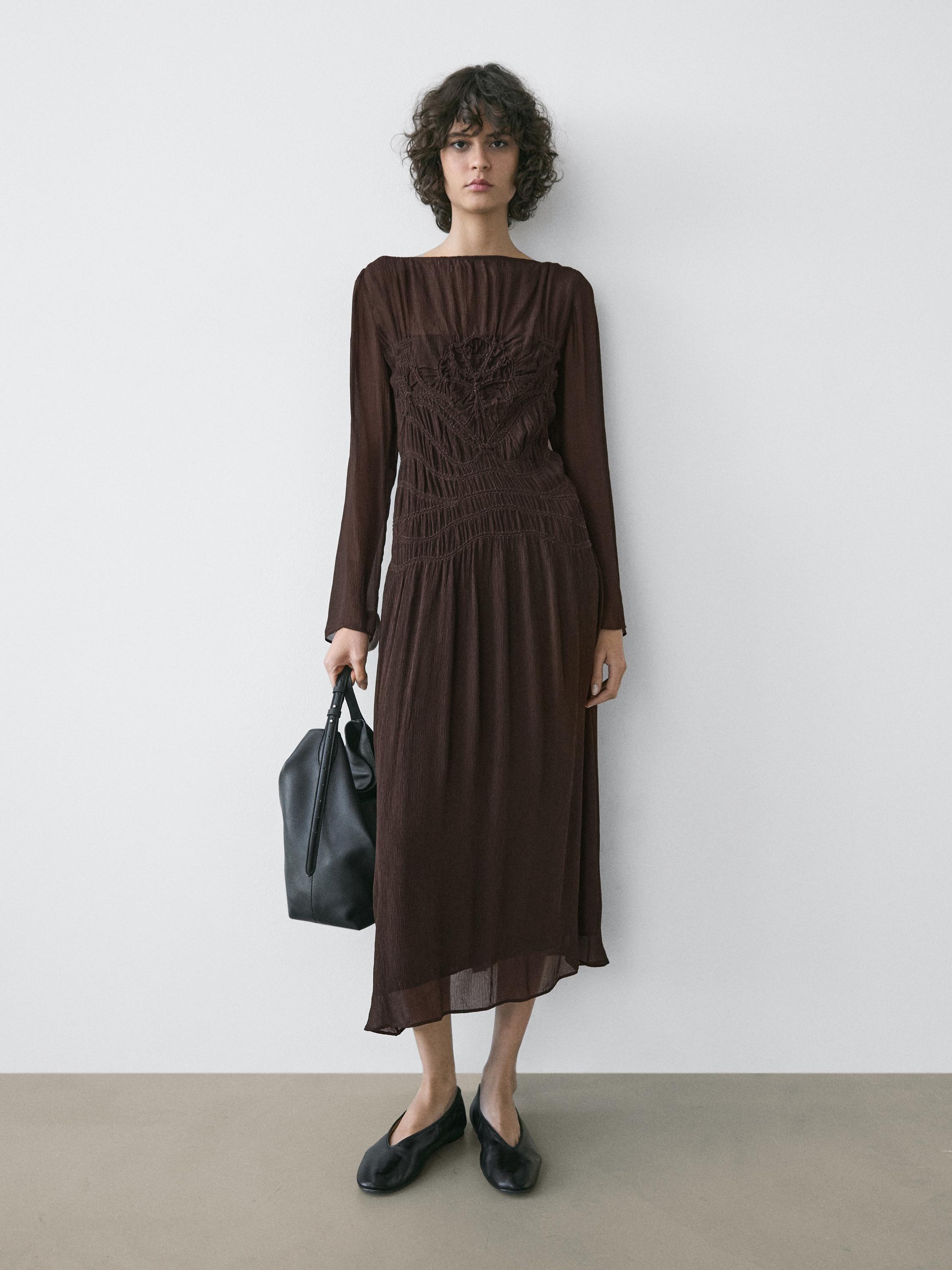 Flowing midi dress with gathered detail — BROWN