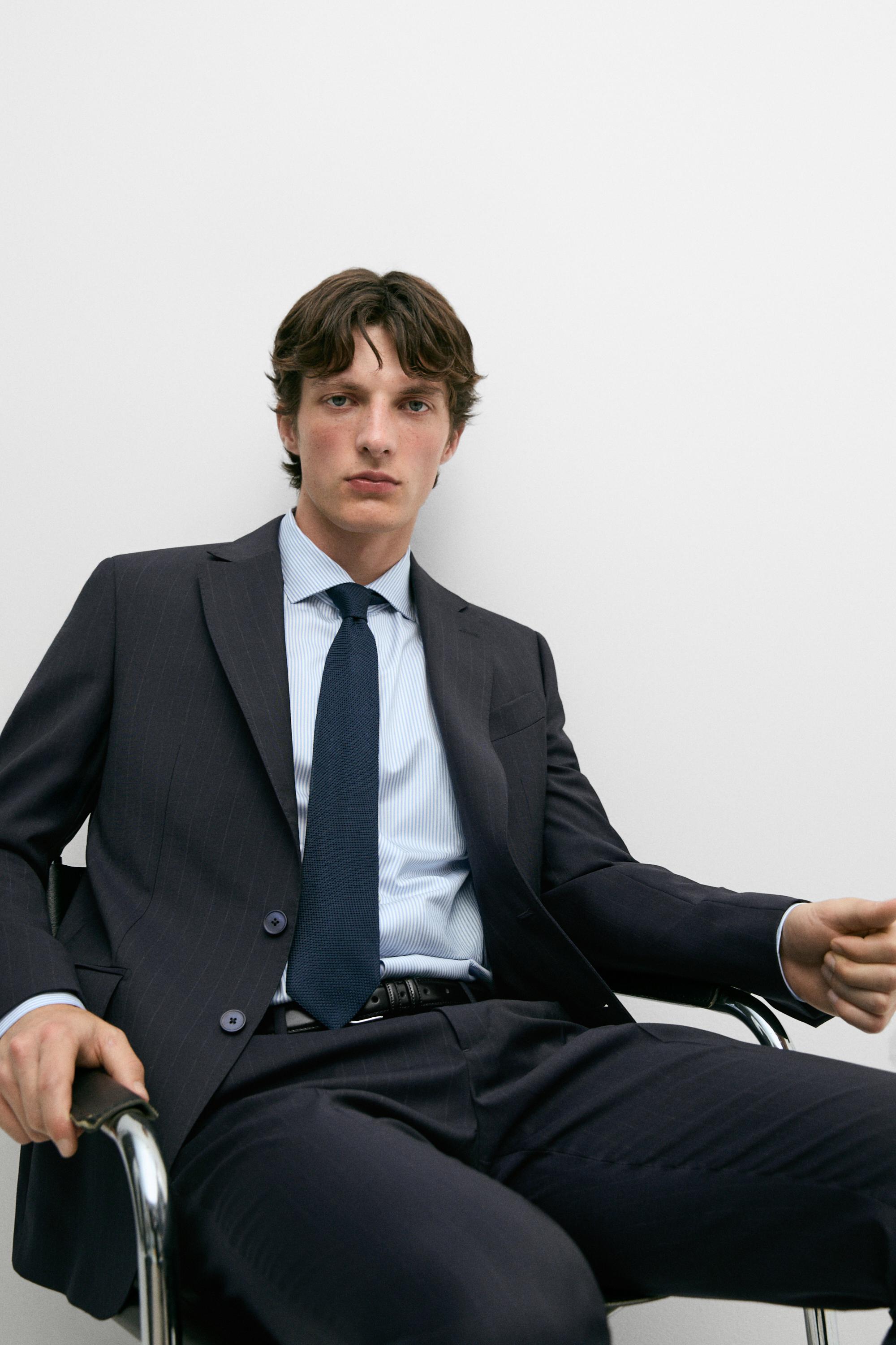 Striped 100% cool wool suit blazer — NAVY BLUE