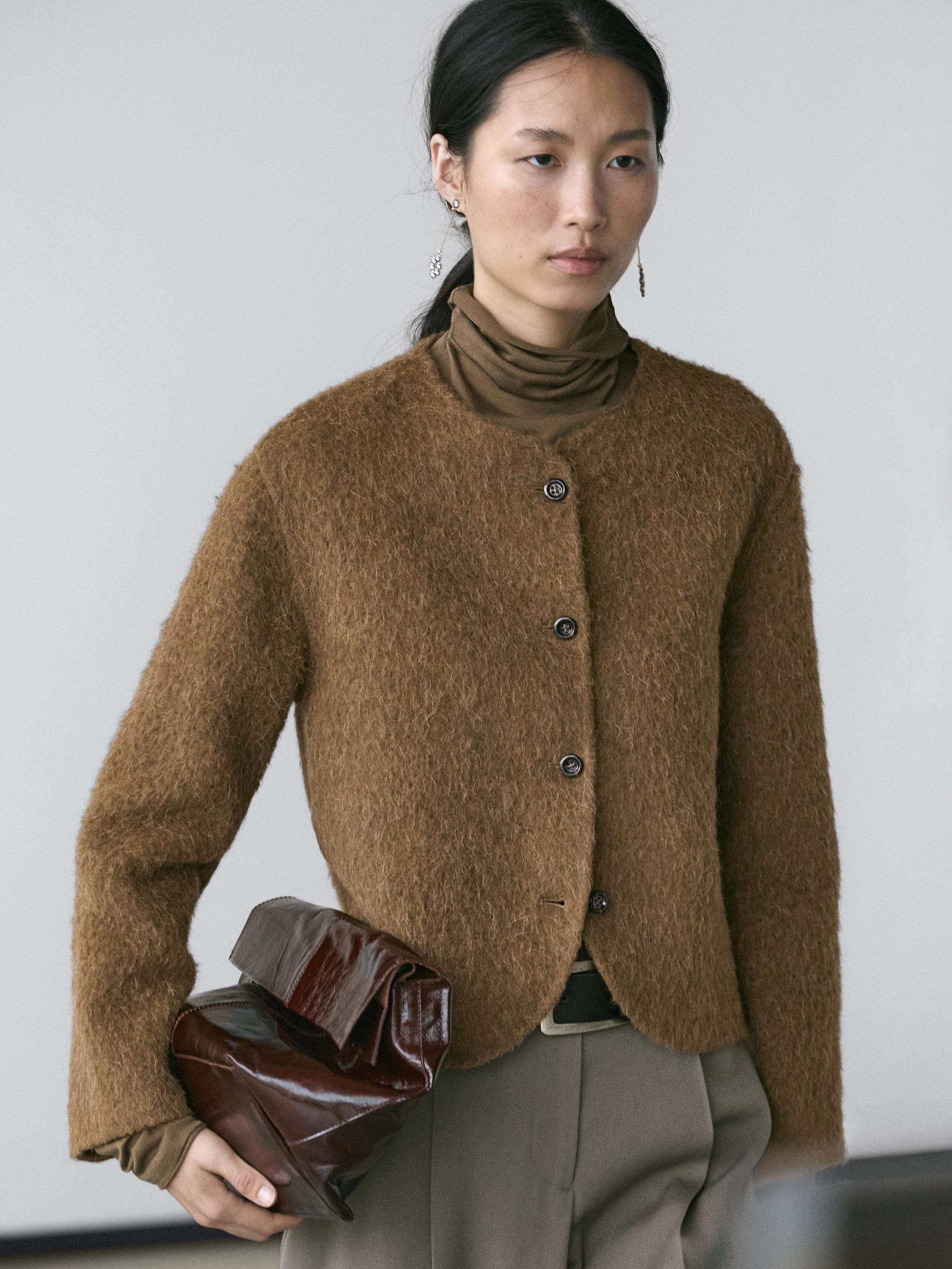Alpaca and wool knit cardigan with brushed finish