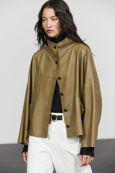 Stand collar nappa leather cropped jacket — KHAKI 3