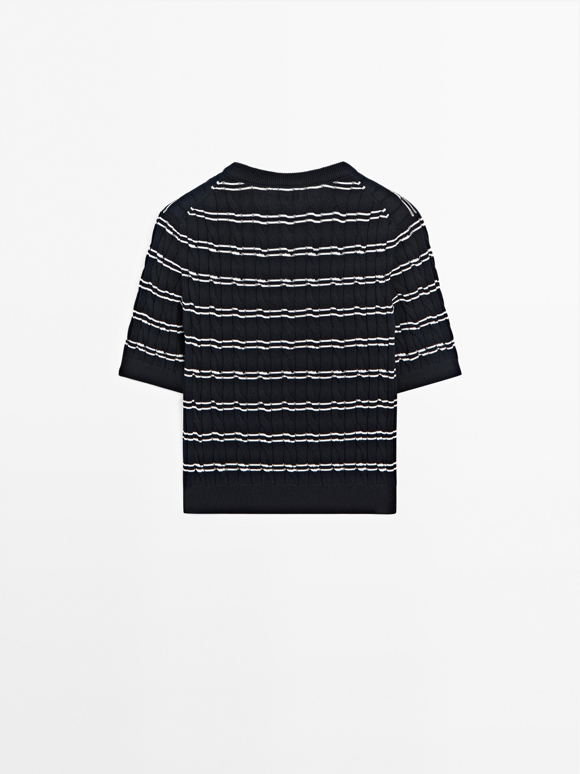 Striped short sleeve cotton sweater